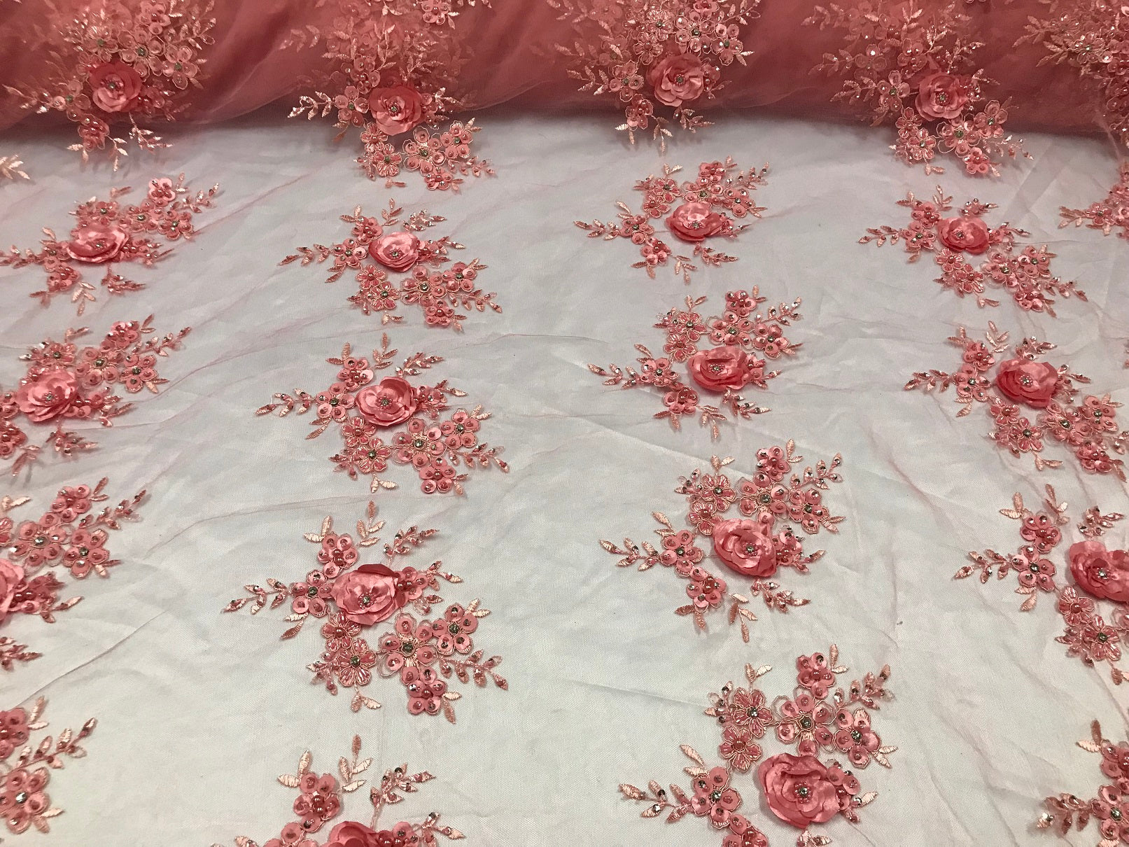 Beautiful - Coral - Embroidered 3D Flower Fabric with Pearls and Rhinestones  Sold by The Yard