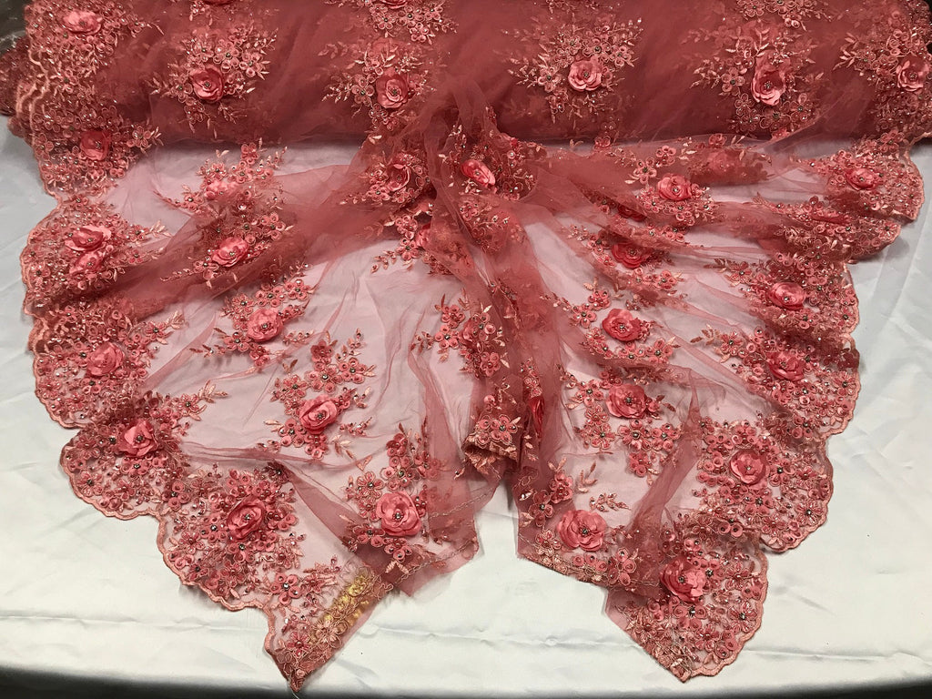 Beautiful - Coral - Embroidered 3D Flower Fabric with Pearls and Rhinestones  Sold by The Yard