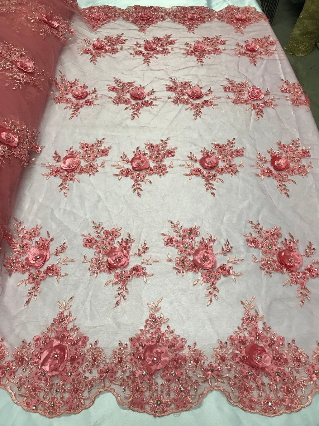 Beautiful - Coral - Embroidered 3D Flower Fabric with Pearls and Rhinestones  Sold by The Yard