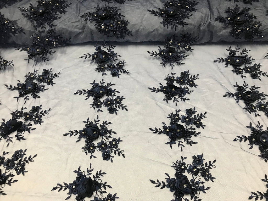 Beautiful - Navy - Embroidered 3D Flower Fabric with Pearls and Rhinestones  Sold by The Yard