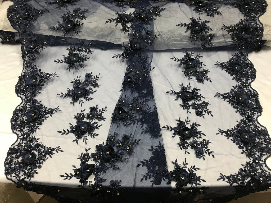 Beautiful - Navy - Embroidered 3D Flower Fabric with Pearls and Rhinestones  Sold by The Yard
