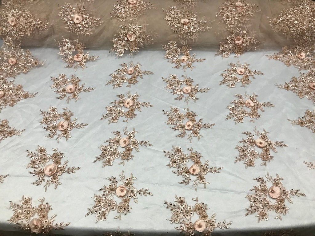 Beautiful - Blush Peach - Embroidered 3D Flower Fabric with Pearls and Rhinestones  Sold by The Yard