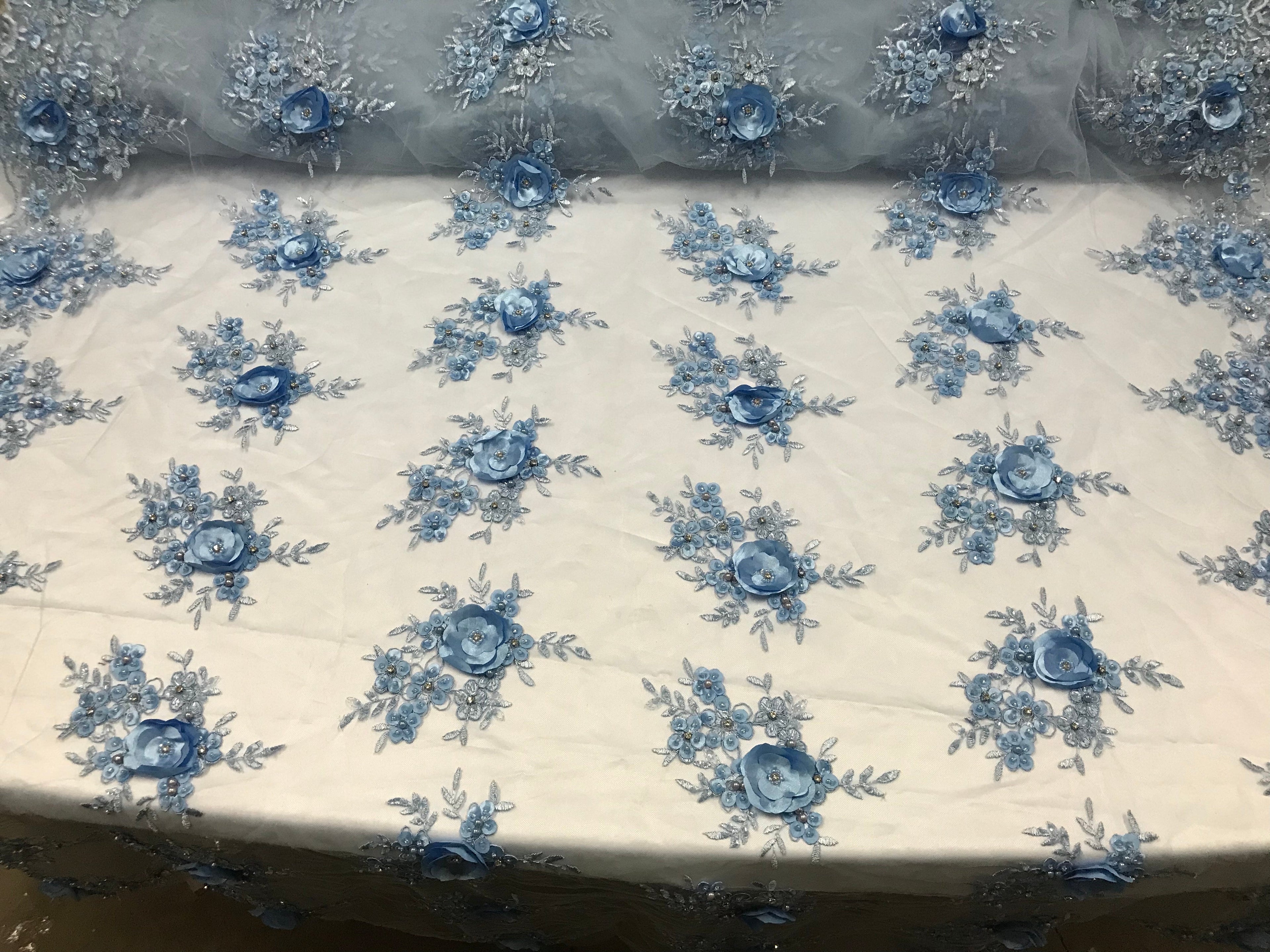 Beautiful - Baby Blue - Embroidered 3D Flower Fabric with Pearls and Rhinestones  Sold by The Yard