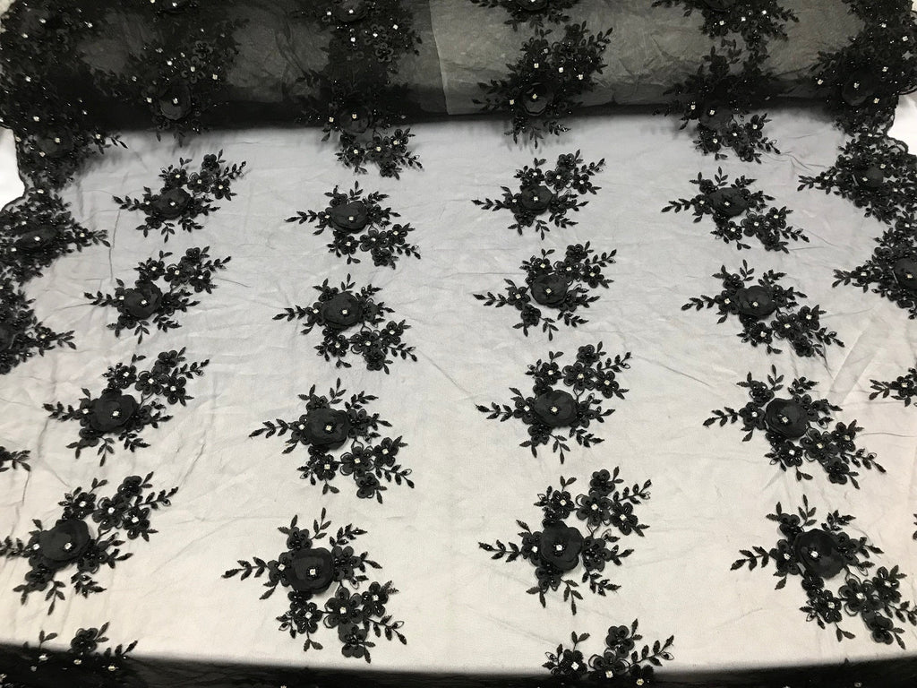 Beautiful - Black - Embroidered 3D Flower Fabric with Pearls and Rhinestones  Sold by The Yard