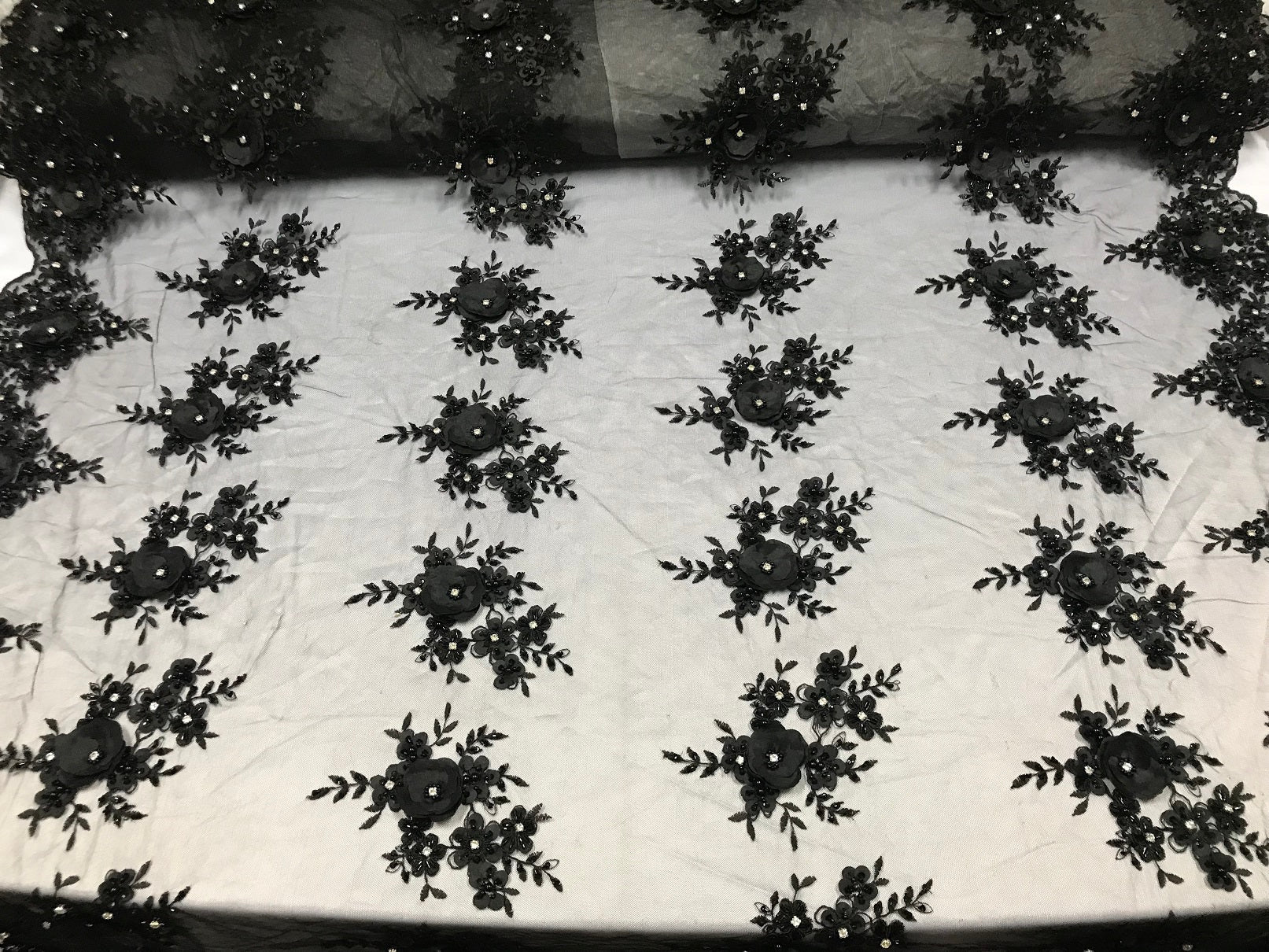 Beautiful - Black - Embroidered 3D Flower Fabric with Pearls and Rhinestones  Sold by The Yard