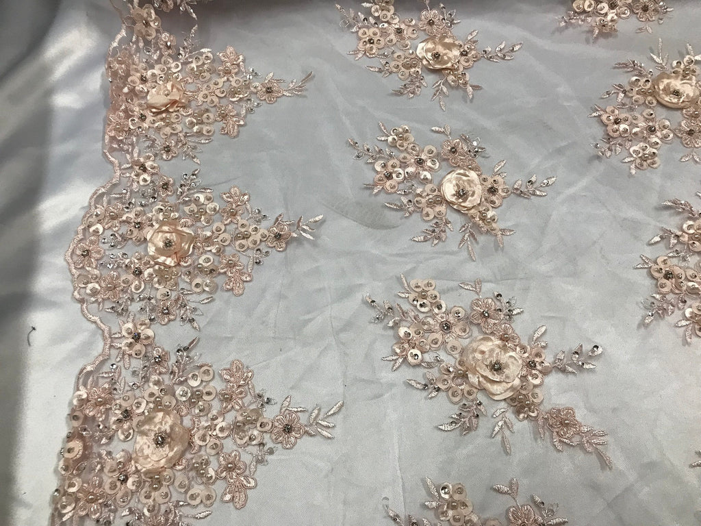 Beautiful - Blush - Embroidered 3D Flower Fabric with Pearls and Rhinestones  Sold by The Yard