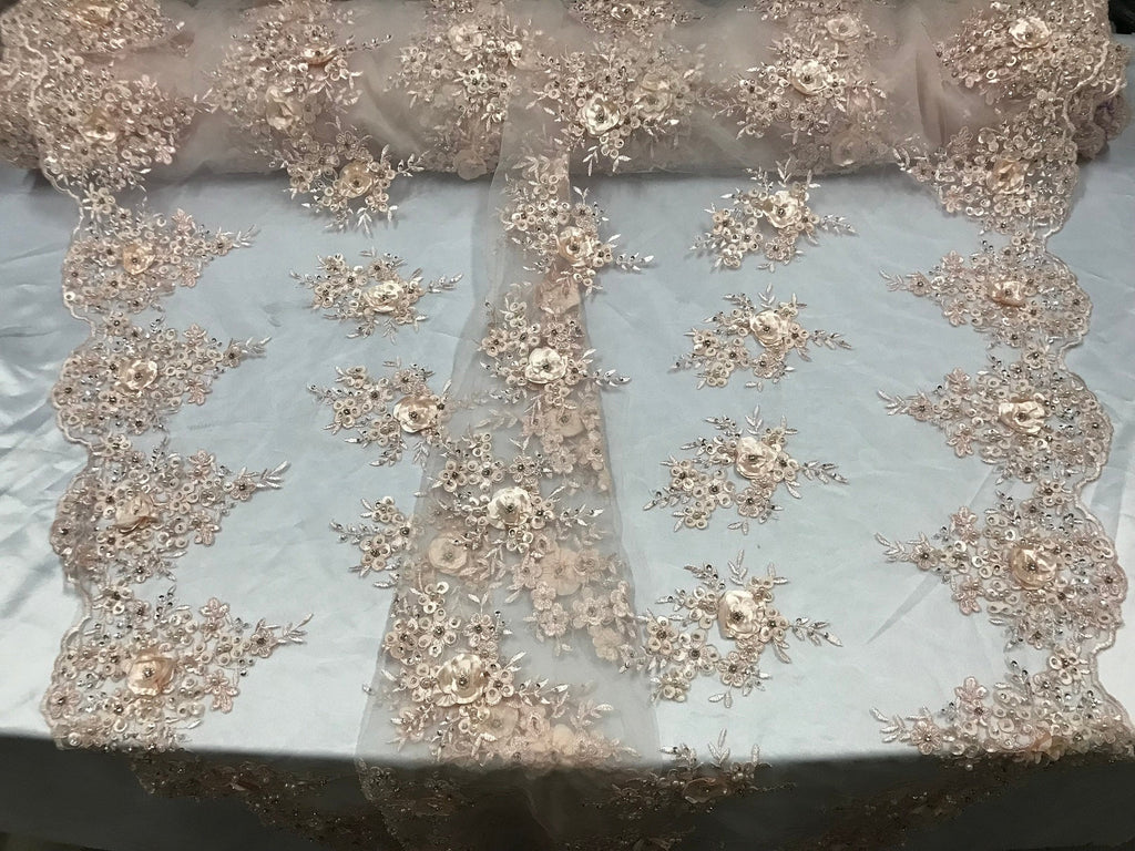 Beautiful - Blush - Embroidered 3D Flower Fabric with Pearls and Rhinestones  Sold by The Yard