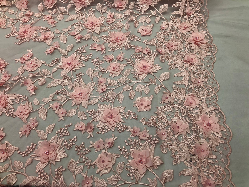 Pink 3D Floral Design Embroider With Pearls On A Mesh Lace Dresses-Prom-Nightgown By Yard