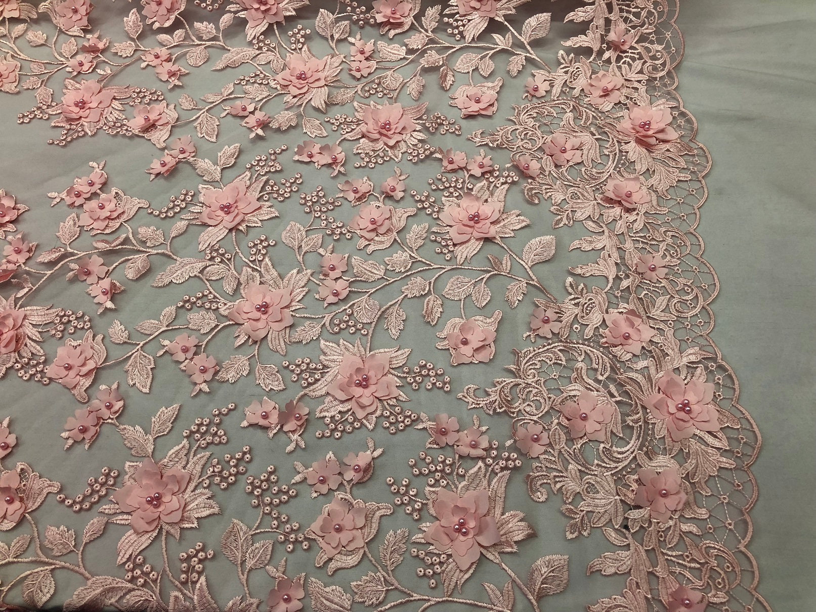 Pink 3D Floral Design Embroider With Pearls On A Mesh Lace Dresses-Prom-Nightgown By Yard