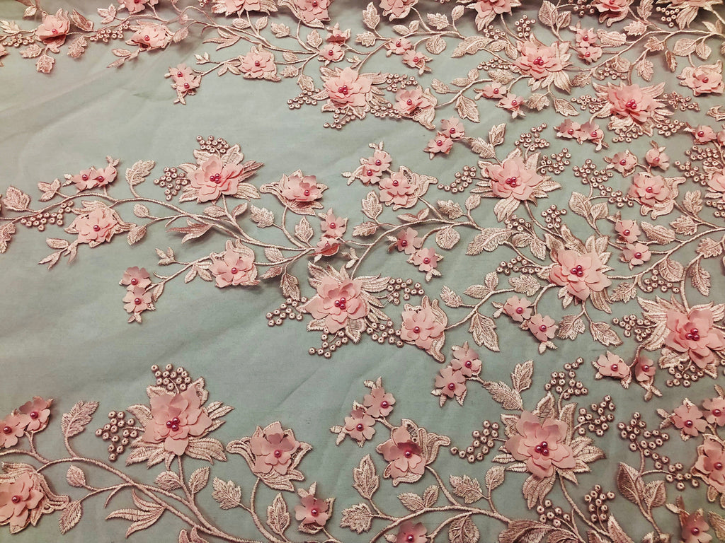 Pink 3D Floral Design Embroider With Pearls On A Mesh Lace Dresses-Prom-Nightgown By Yard