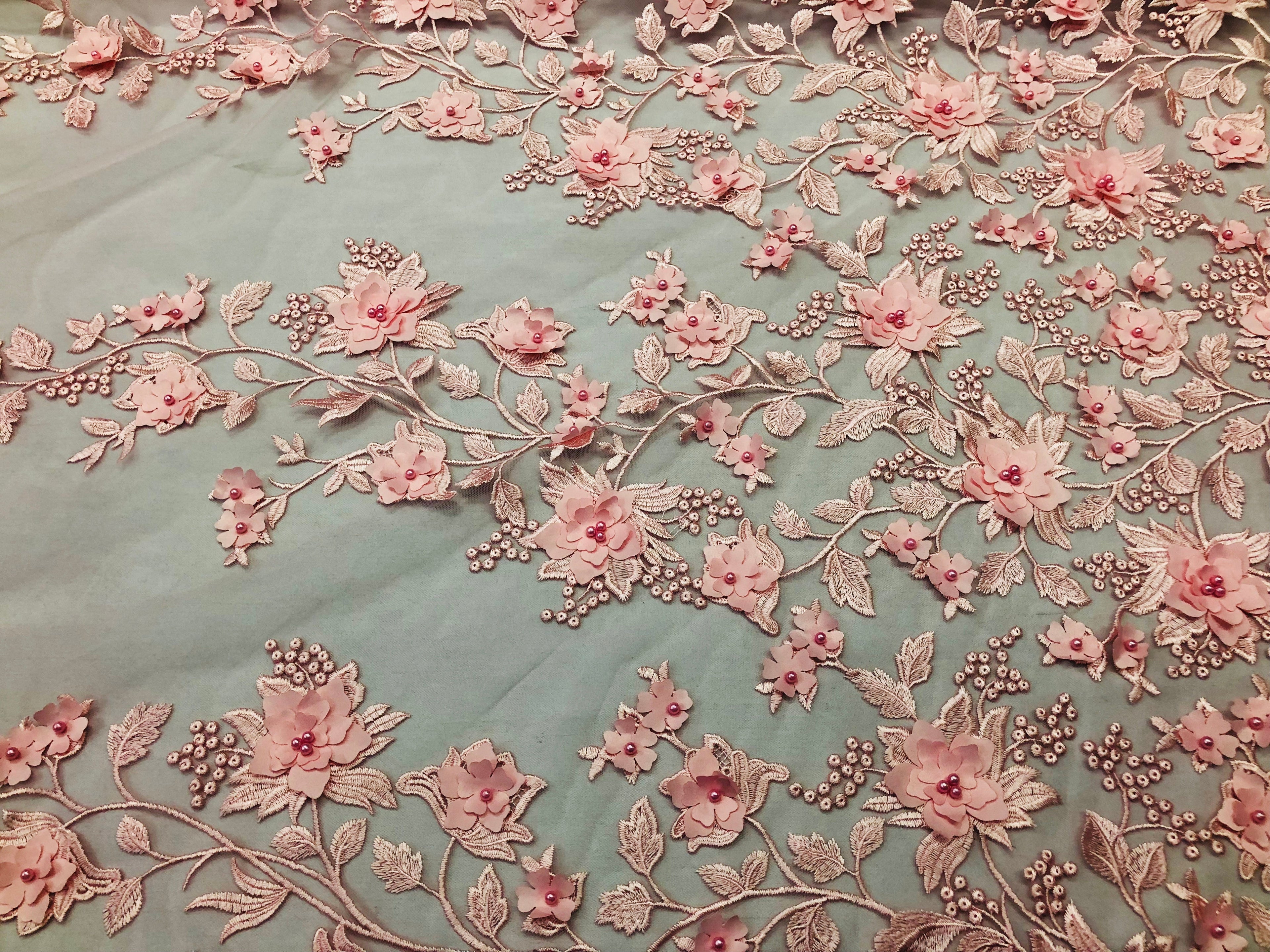 Pink 3D Floral Design Embroider With Pearls On A Mesh Lace Dresses-Prom-Nightgown By Yard