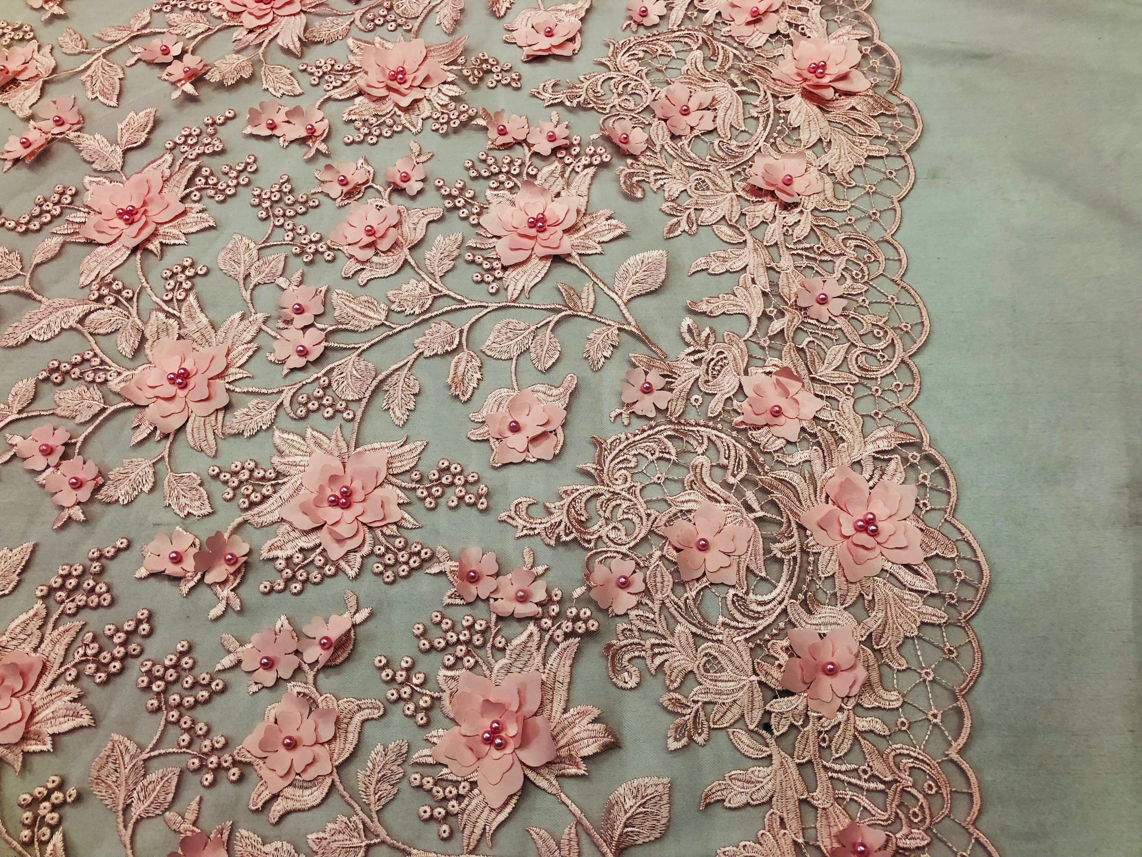 Pink 3D Floral Design Embroider With Pearls On A Mesh Lace Dresses-Prom-Nightgown By Yard