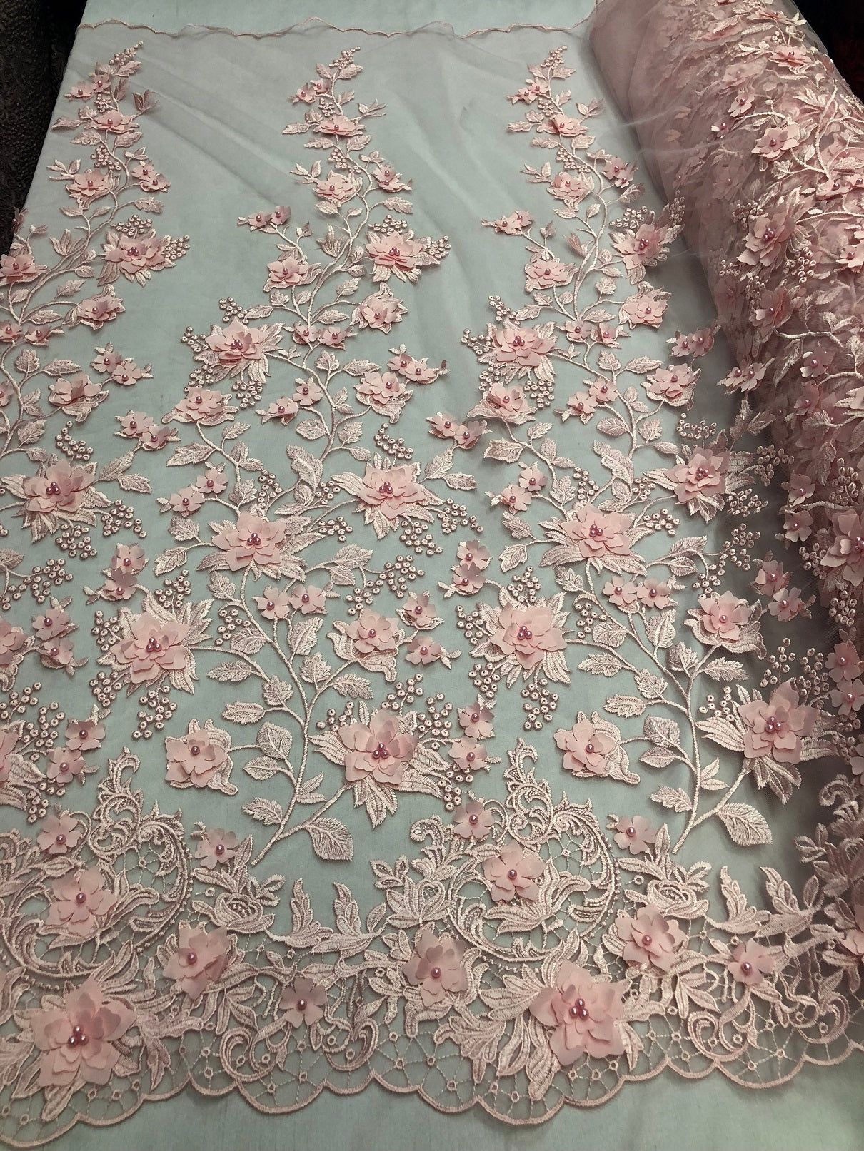 Pink 3D Floral Design Embroider With Pearls On A Mesh Lace Dresses-Prom-Nightgown By Yard