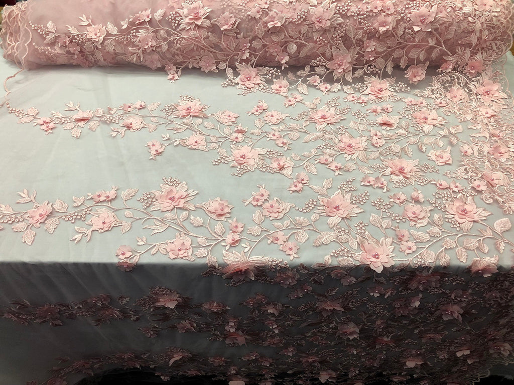 Pink 3D Floral Design Embroider With Pearls On A Mesh Lace Dresses-Prom-Nightgown By Yard