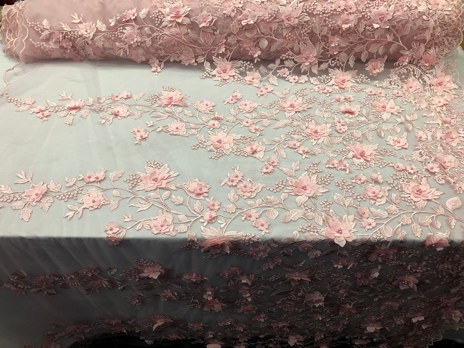 Pink 3D Floral Design Embroider With Pearls On A Mesh Lace Dresses-Prom-Nightgown By Yard