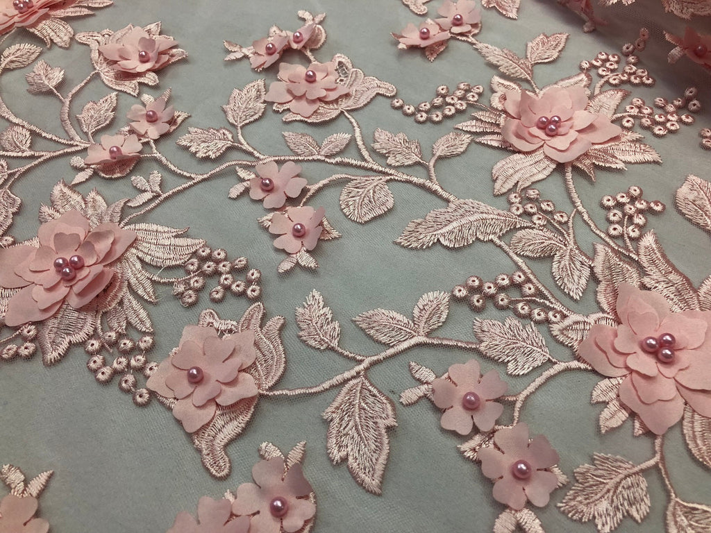 Pink 3D Floral Design Embroider With Pearls On A Mesh Lace Dresses-Prom-Nightgown By Yard