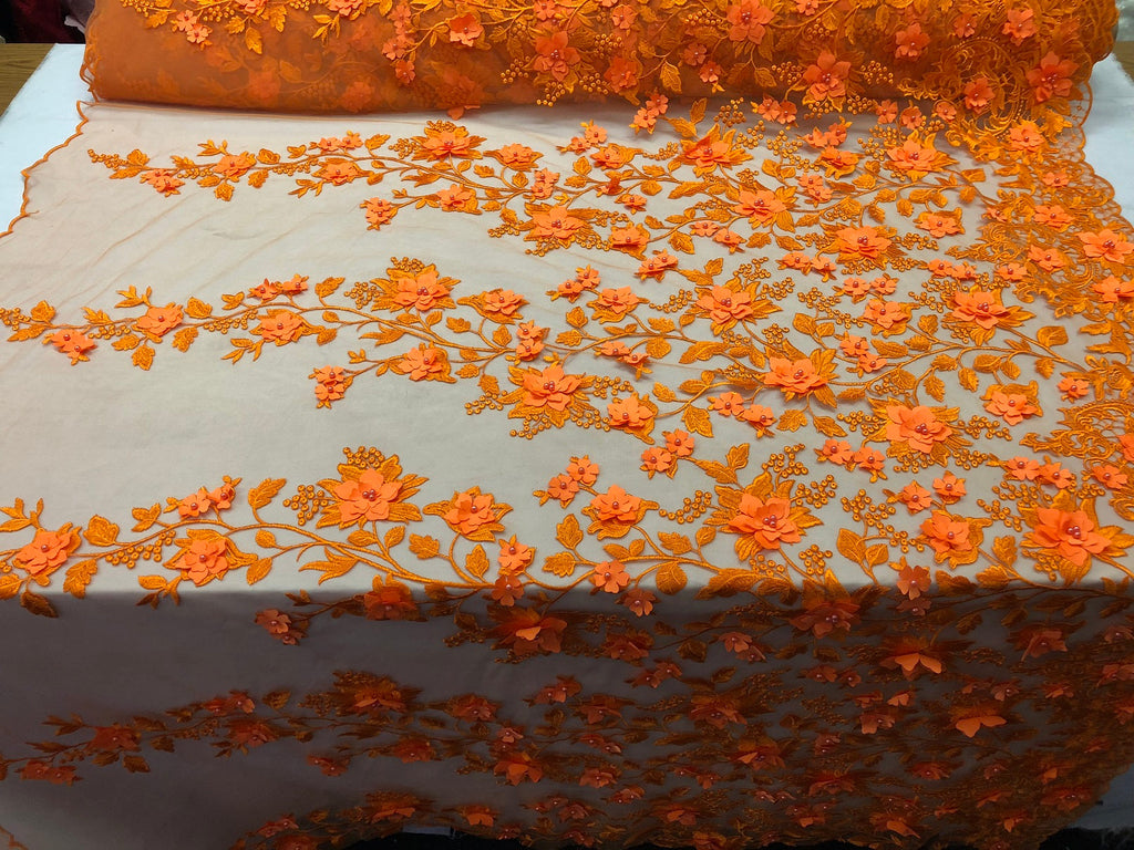 Flower 3D Fabric - Orange - Embroided Fabric Flower Pearls and Leaf Decor Sold by The Yard