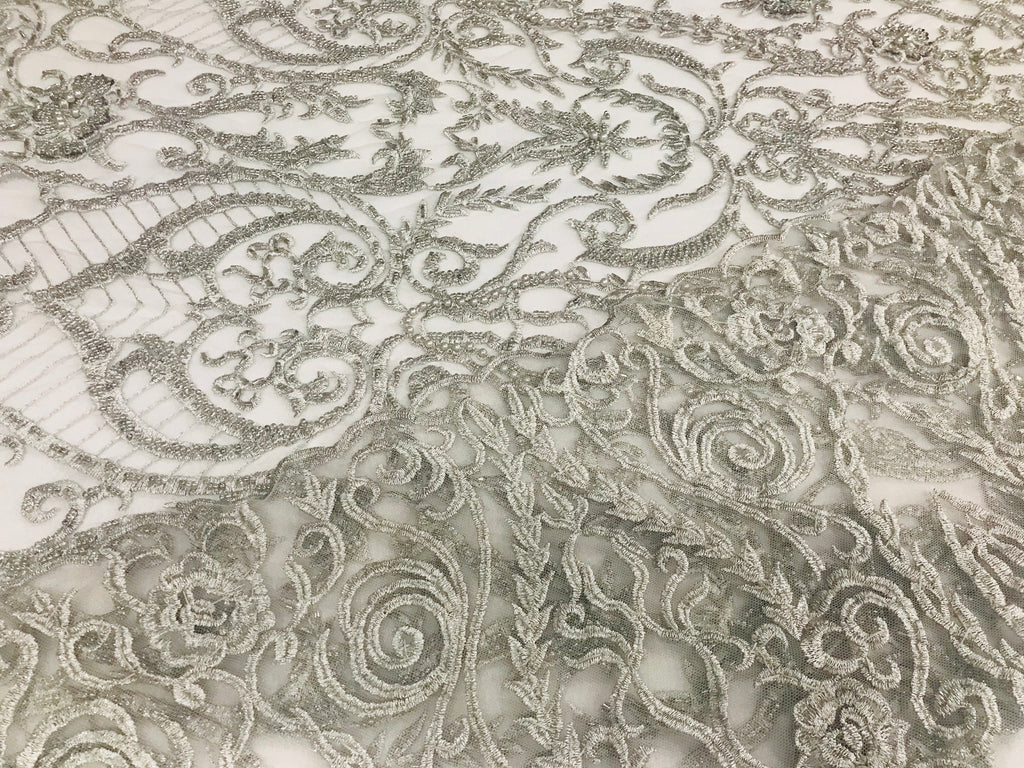 Glam Damask Beaded Fabric - Silver - Embroidered Elegant Fashion Fabric with Beads on Mesh