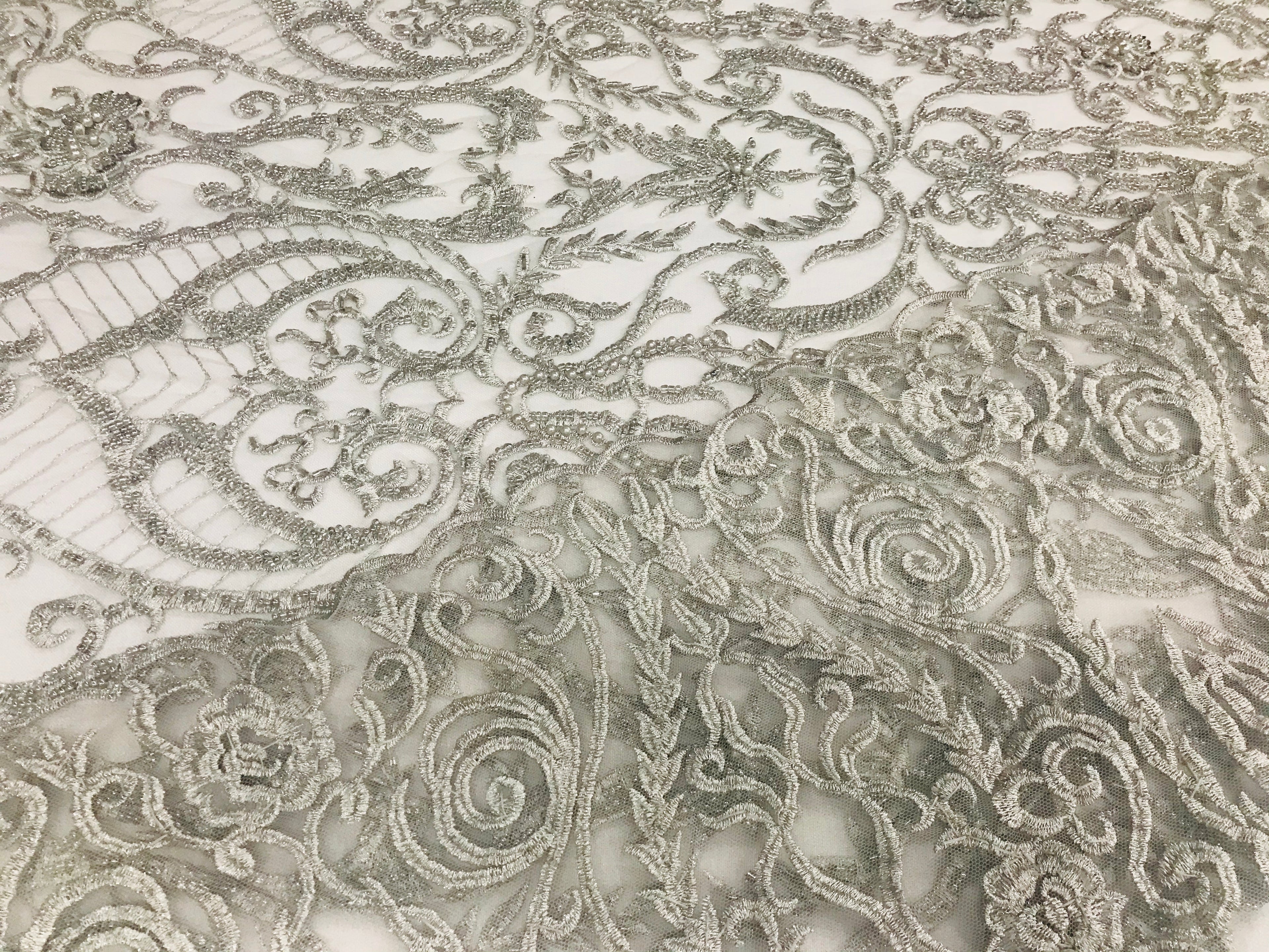 Glam Damask Beaded Fabric - Silver - Embroidered Elegant Fashion Fabric with Beads on Mesh