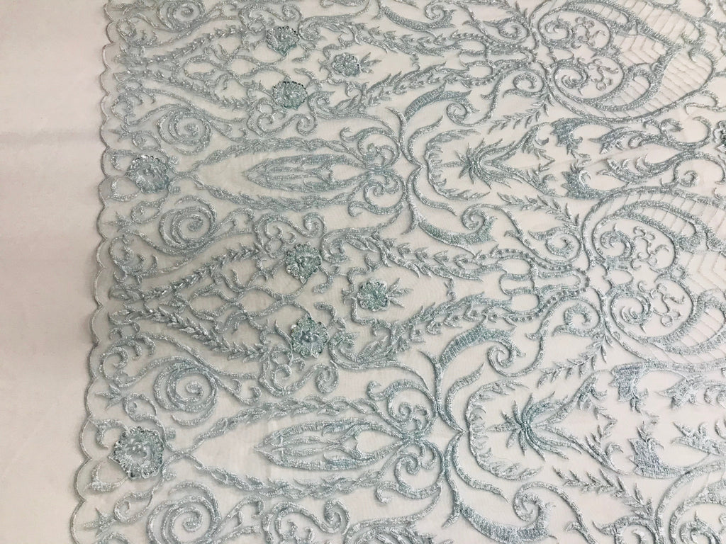 Glam Damask Beaded Fabric - Baby Blue - Embroidered Elegant Fashion Fabric with Beads on Mesh