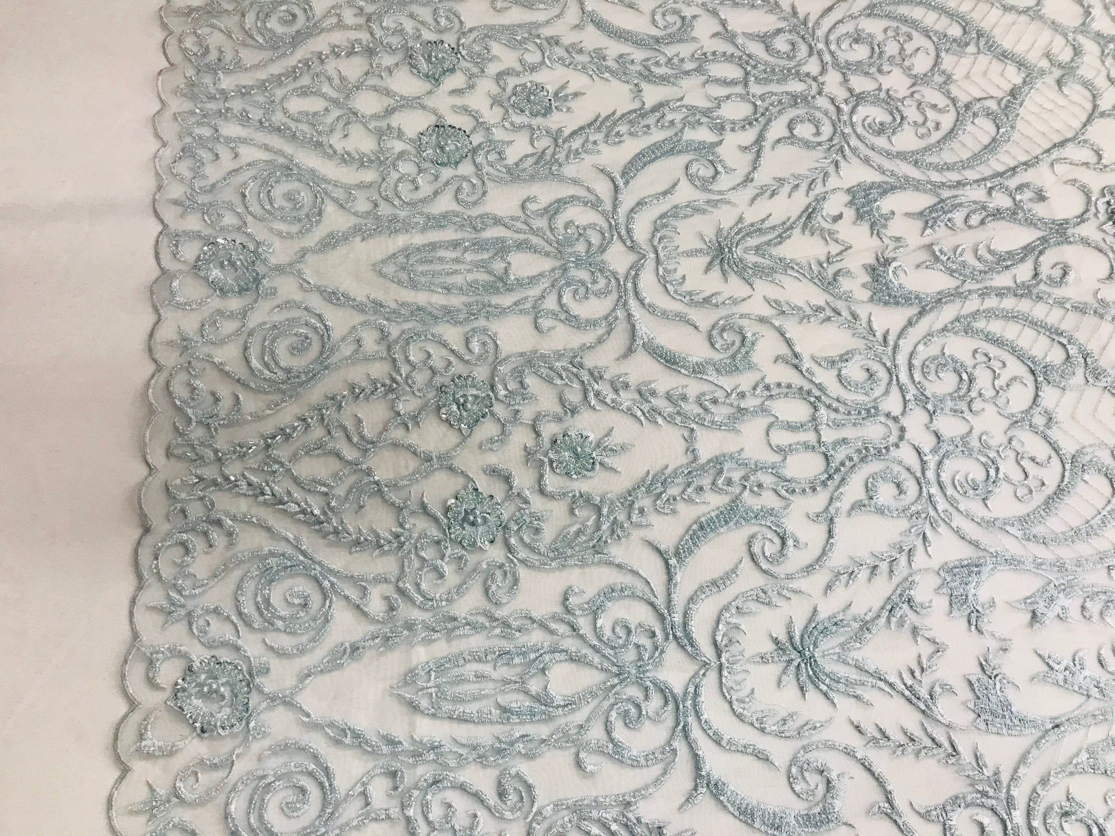 Glam Damask Beaded Fabric - Baby Blue - Embroidered Elegant Fashion Fabric with Beads on Mesh