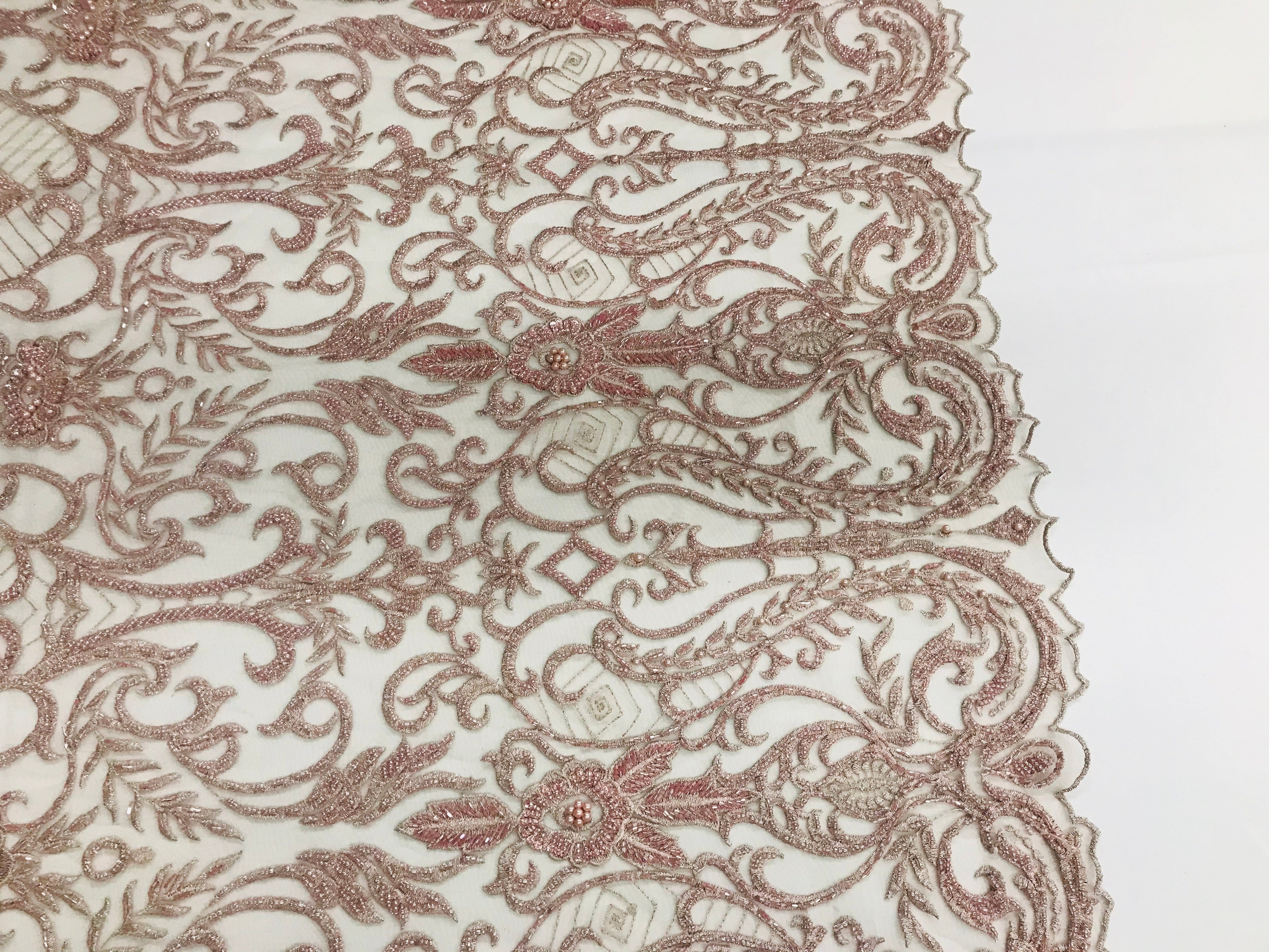 Glam Damask Beaded Fabric - Rose Gold - Embroidered Elegant Fashion Fabric with Beads on Mesh