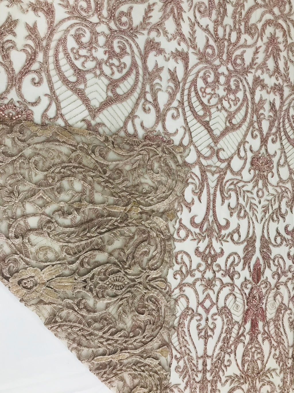 Glam Damask Beaded Fabric - Rose Gold - Embroidered Elegant Fashion Fabric with Beads on Mesh