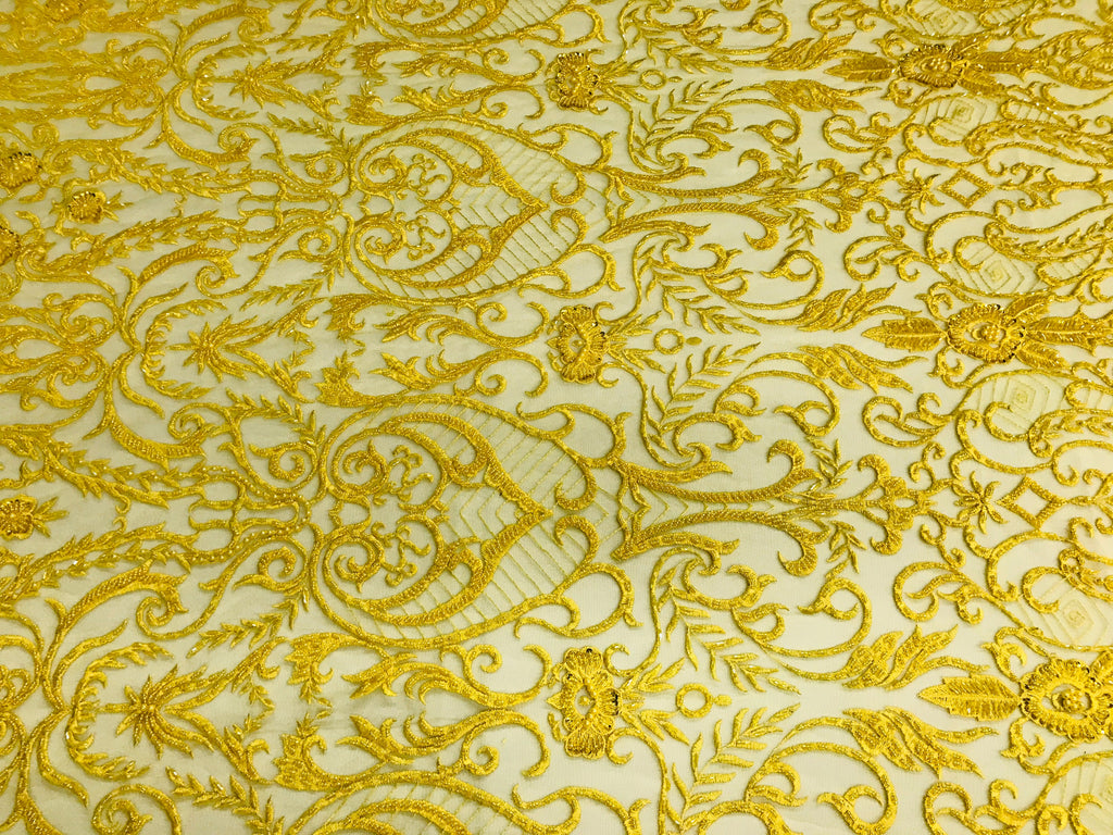 Glam Damask Beaded Fabric - Yellow - Embroidered Elegant Fashion Fabric with Beads on Mesh