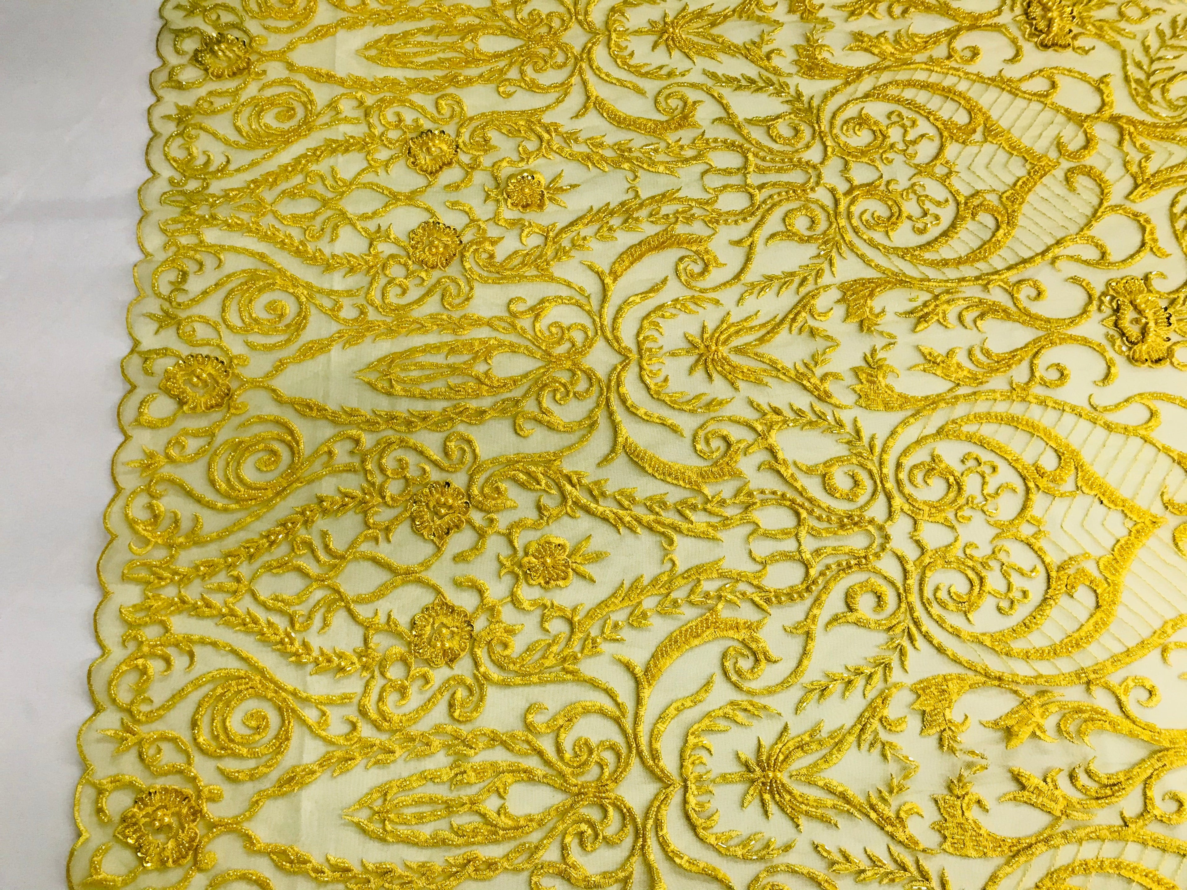 Glam Damask Beaded Fabric - Yellow - Embroidered Elegant Fashion Fabric with Beads on Mesh