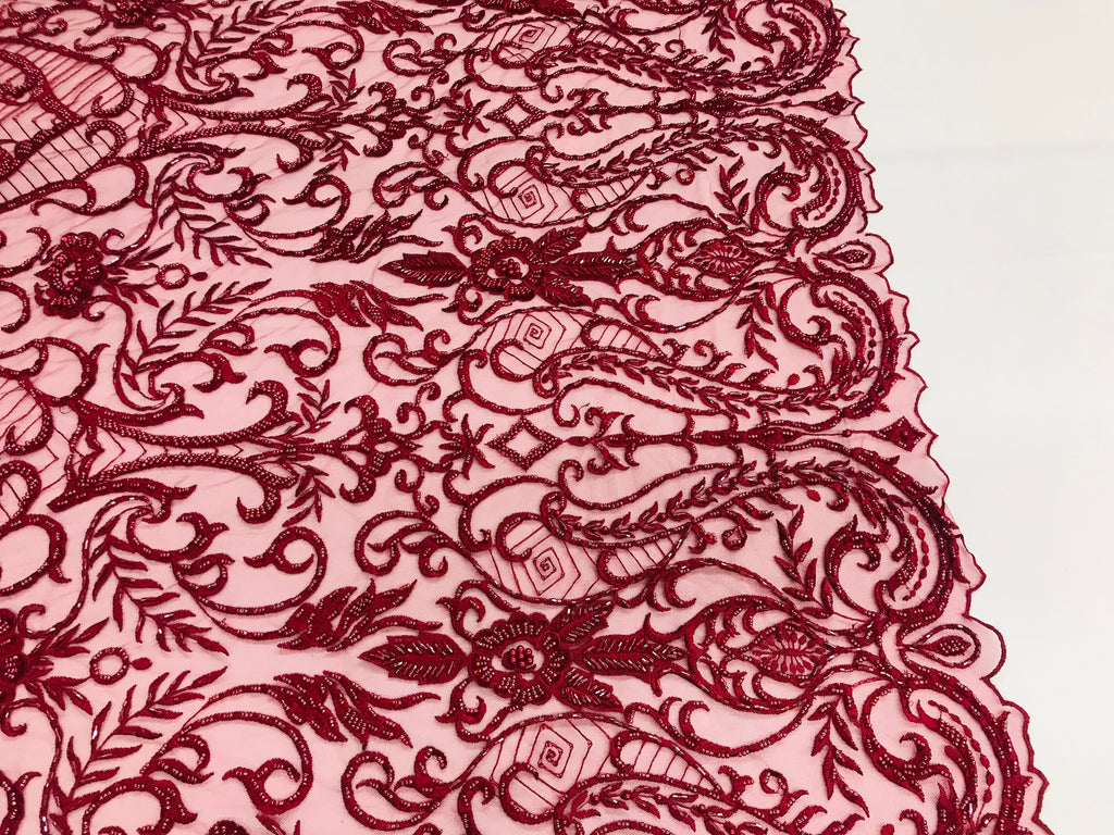 Glam Damask Beaded Fabric - Burgundy - Embroidered Elegant Fashion Fabric with Beads on Mesh