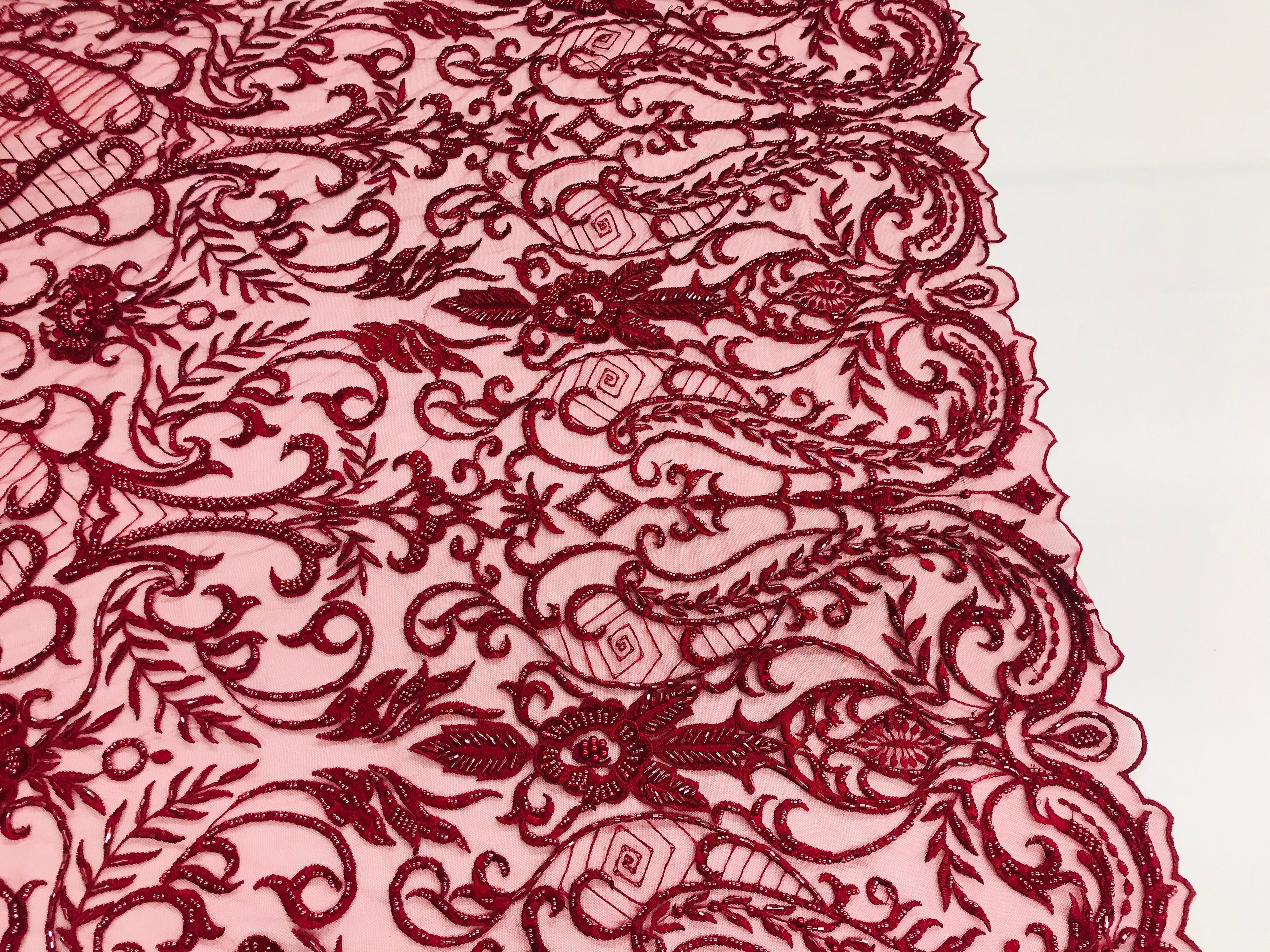 Glam Damask Beaded Fabric - Burgundy - Embroidered Elegant Fashion Fabric with Beads on Mesh