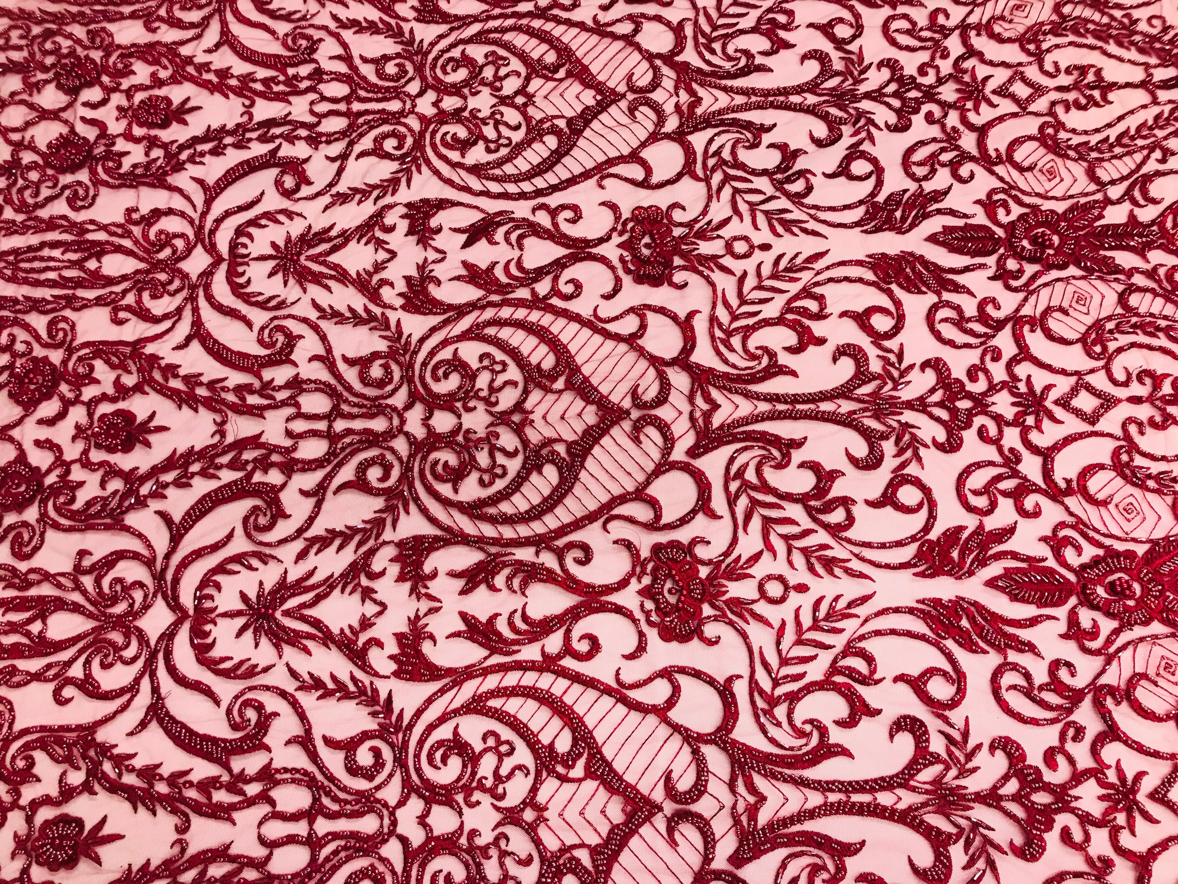 Glam Damask Beaded Fabric - Burgundy - Embroidered Elegant Fashion Fabric with Beads on Mesh