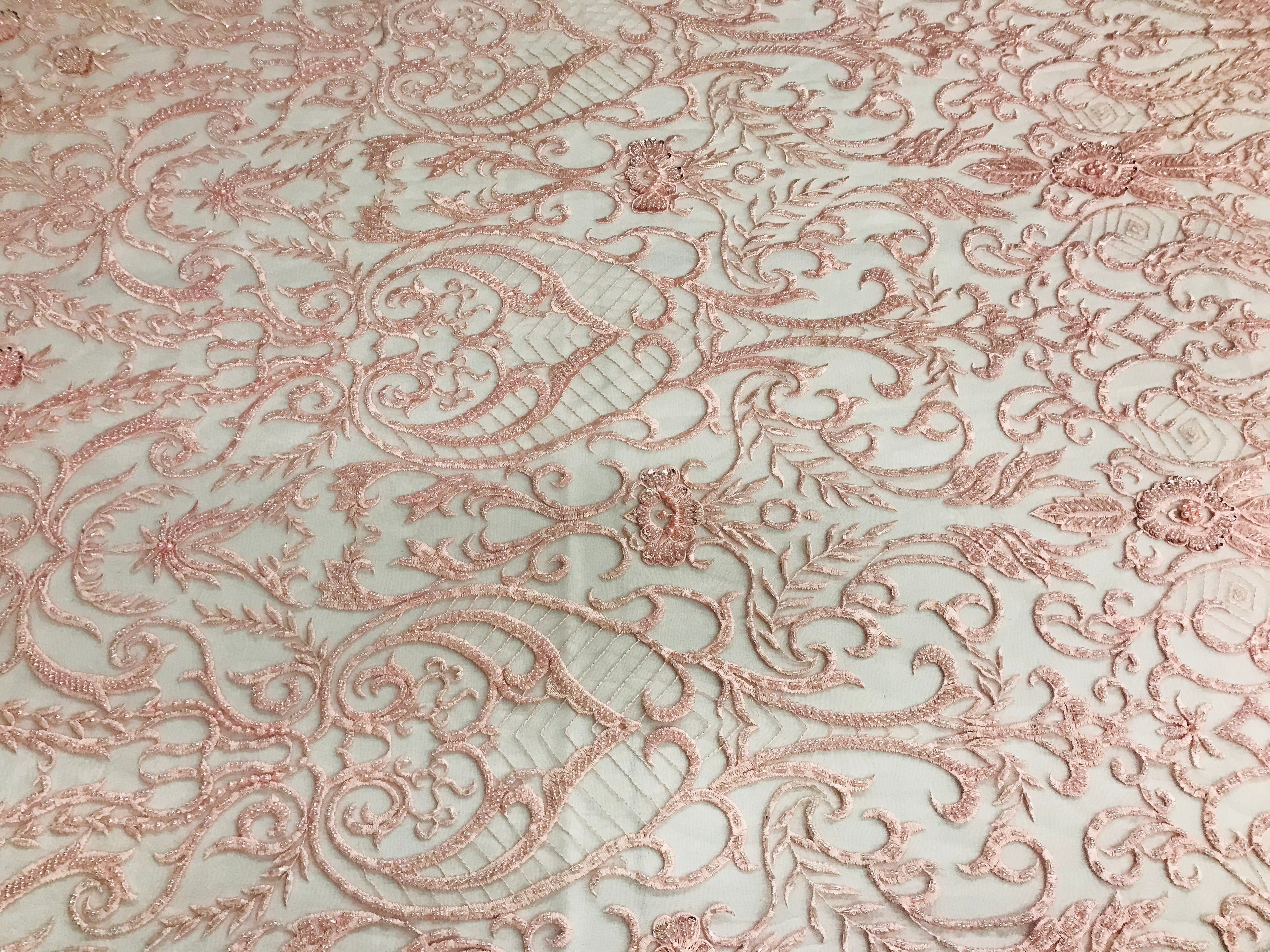 Glam Damask Beaded Fabric - Blush Pink - Embroidered Elegant Fashion Fabric with Beads on Mesh