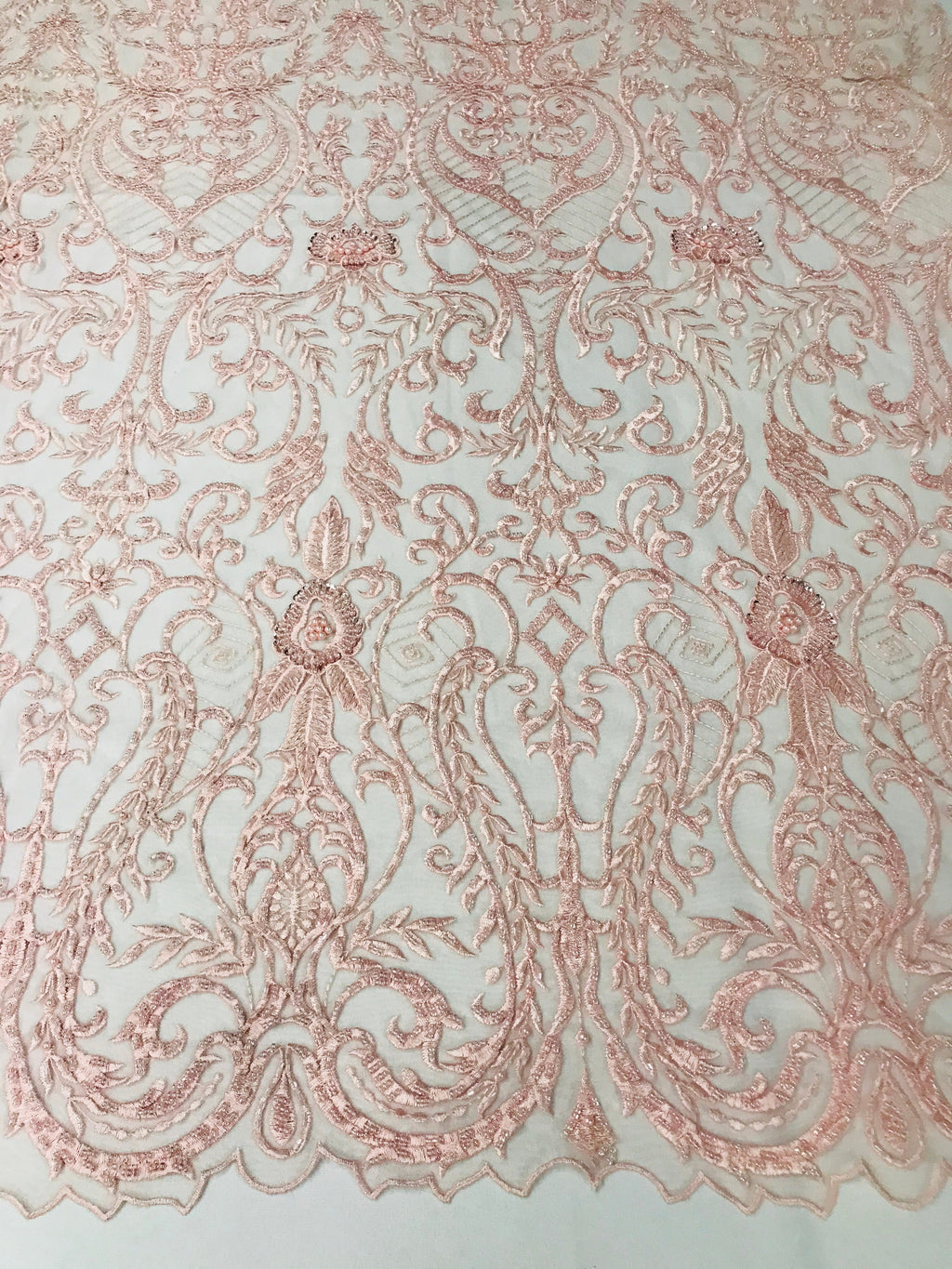 Glam Damask Beaded Fabric - Blush Pink - Embroidered Elegant Fashion Fabric with Beads on Mesh