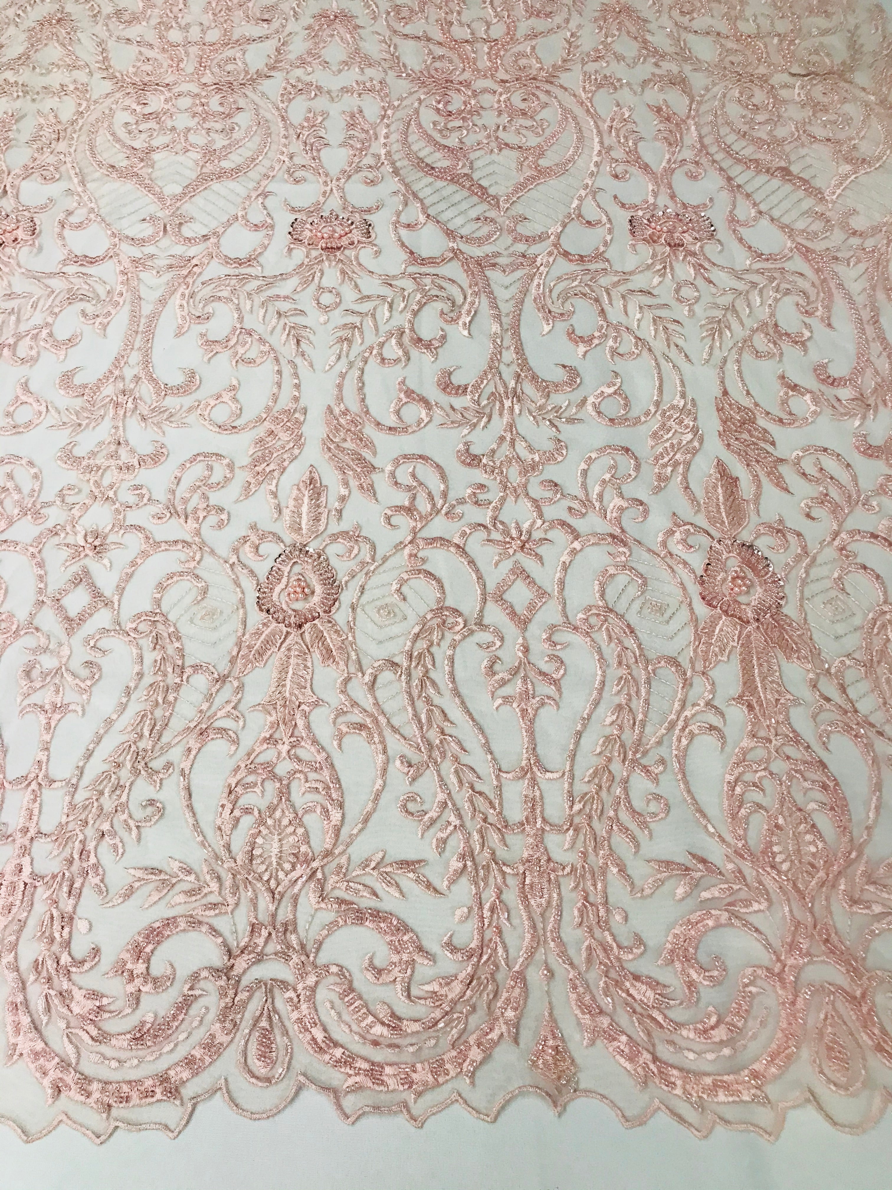 Glam Damask Beaded Fabric - Blush Pink - Embroidered Elegant Fashion Fabric with Beads on Mesh