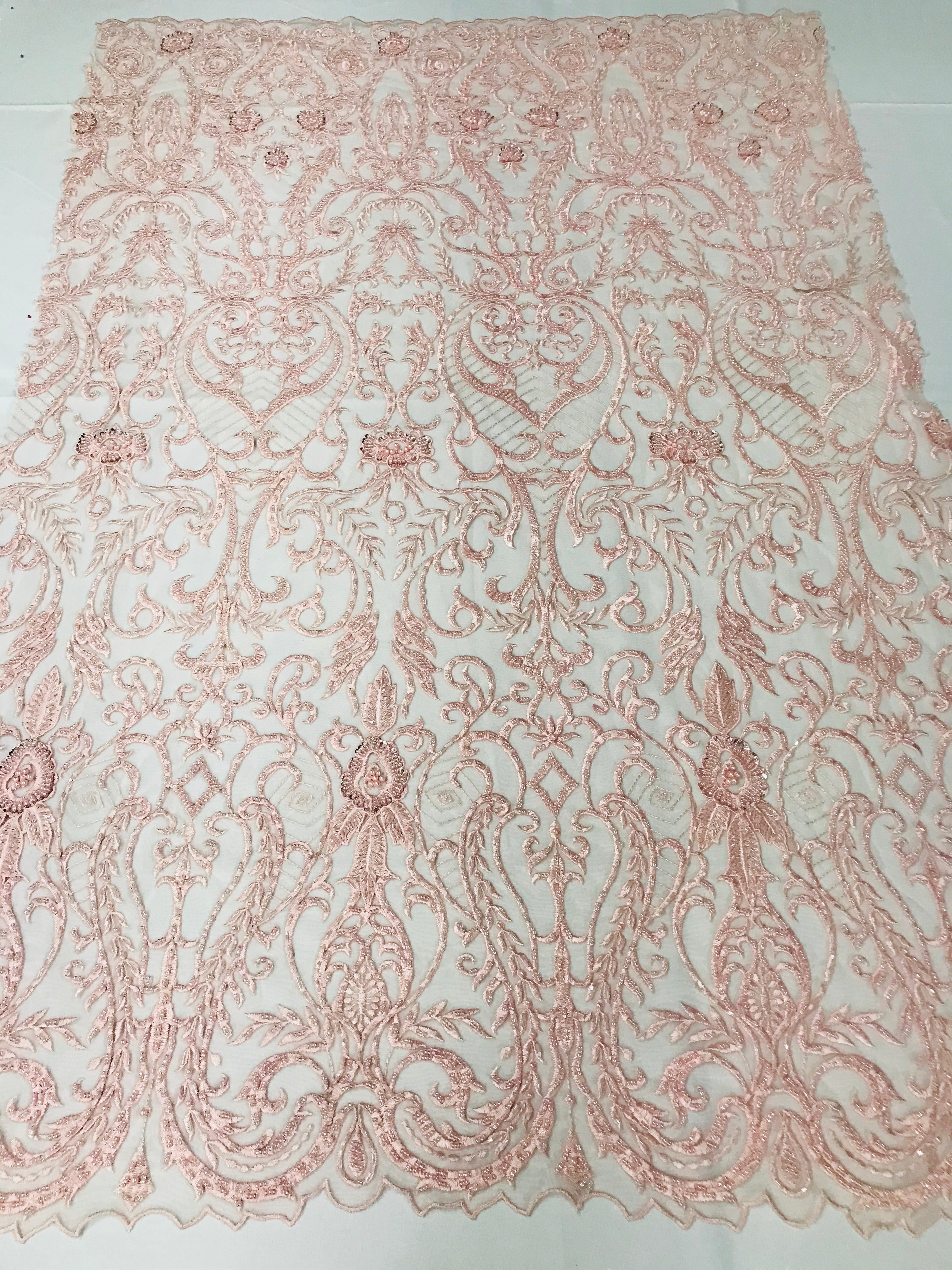 Glam Damask Beaded Fabric - Blush Pink - Embroidered Elegant Fashion Fabric with Beads on Mesh
