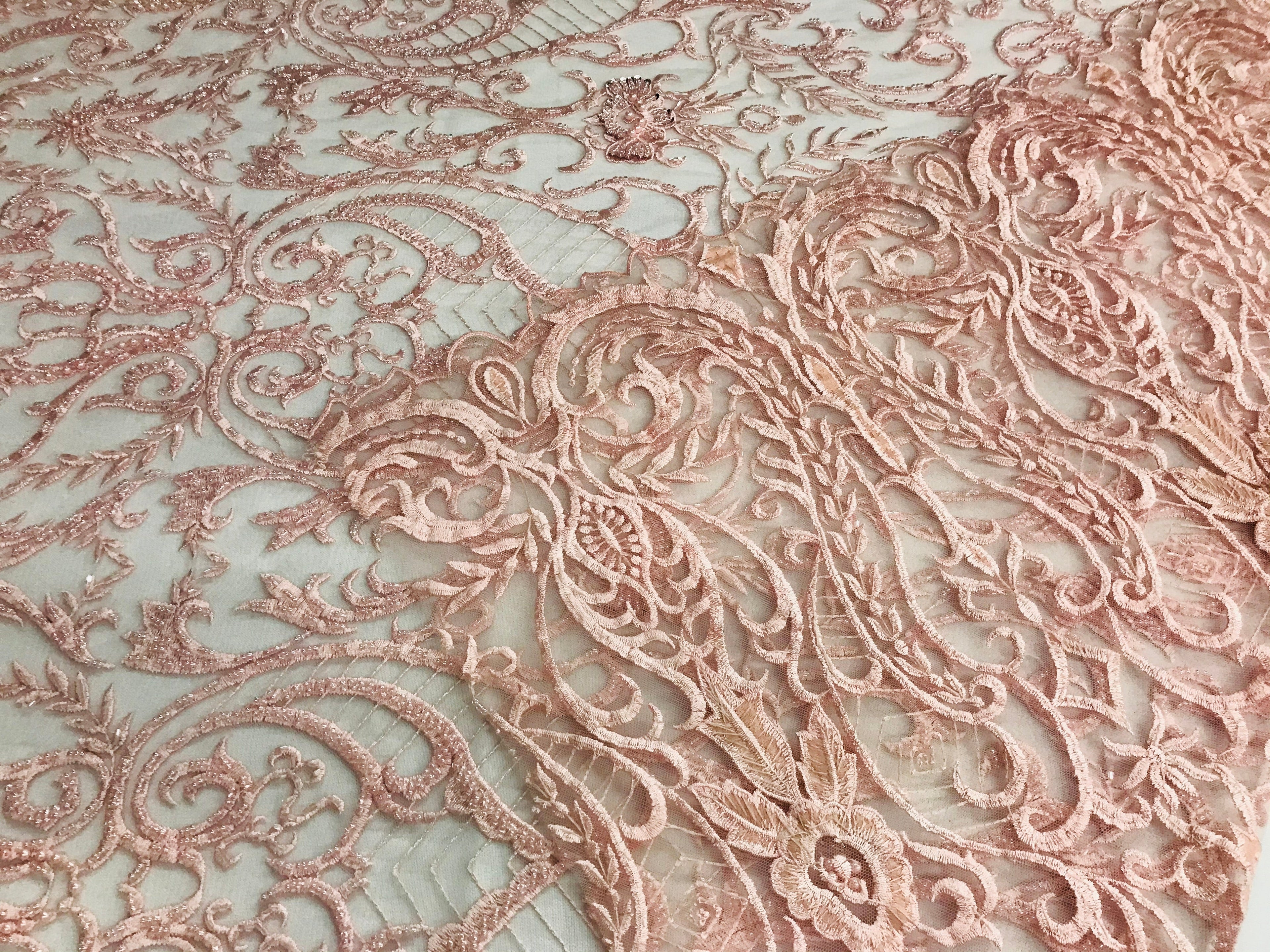 Glam Damask Beaded Fabric - Blush Pink - Embroidered Elegant Fashion Fabric with Beads on Mesh