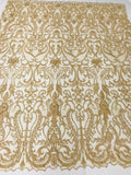 Glam Damask Beaded Fabric - Honey Gold - Embroidered Elegant Fashion Fabric with Beads on Mesh