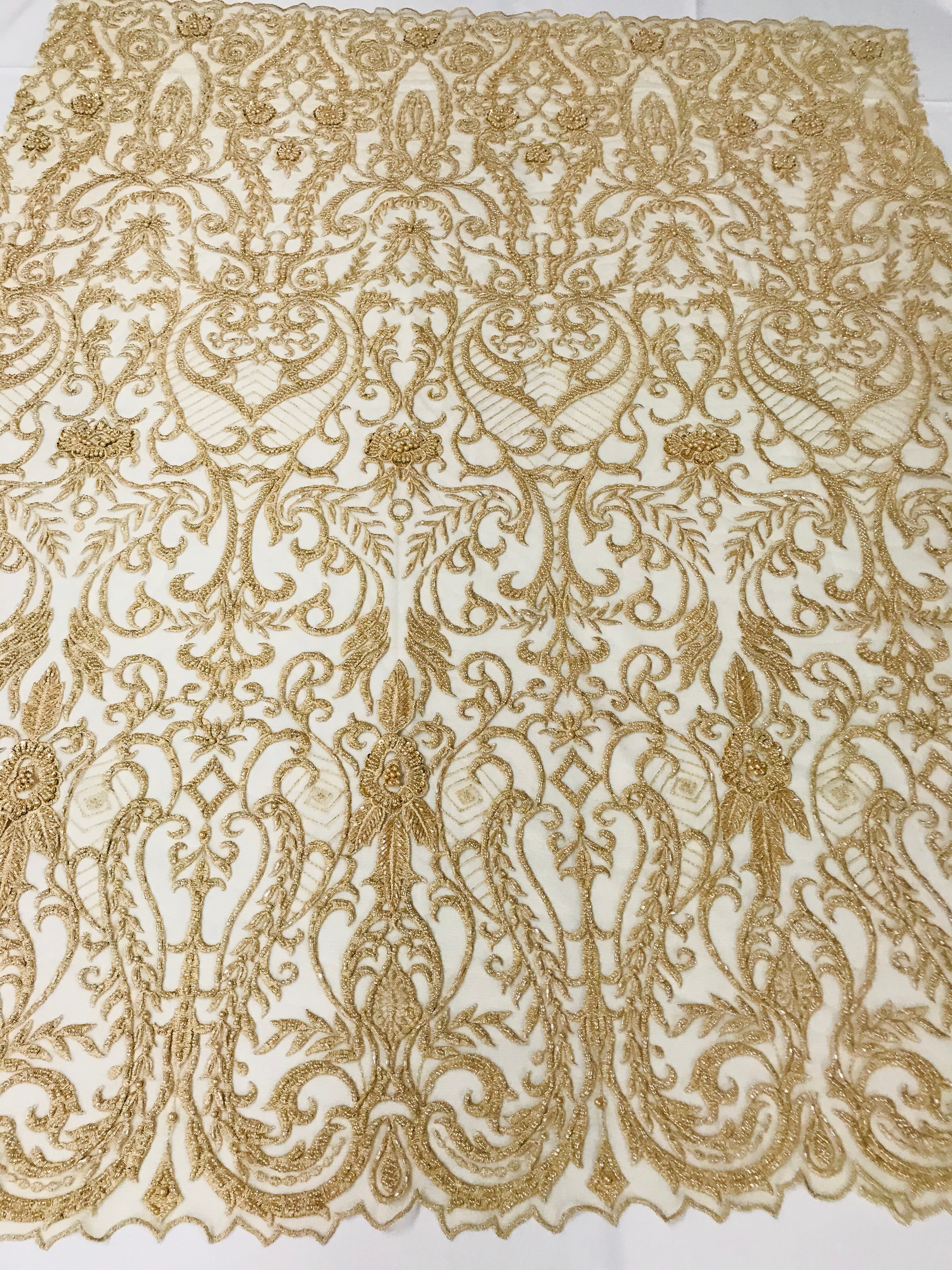 Glam Damask Beaded Fabric - Honey Gold - Embroidered Elegant Fashion Fabric with Beads on Mesh