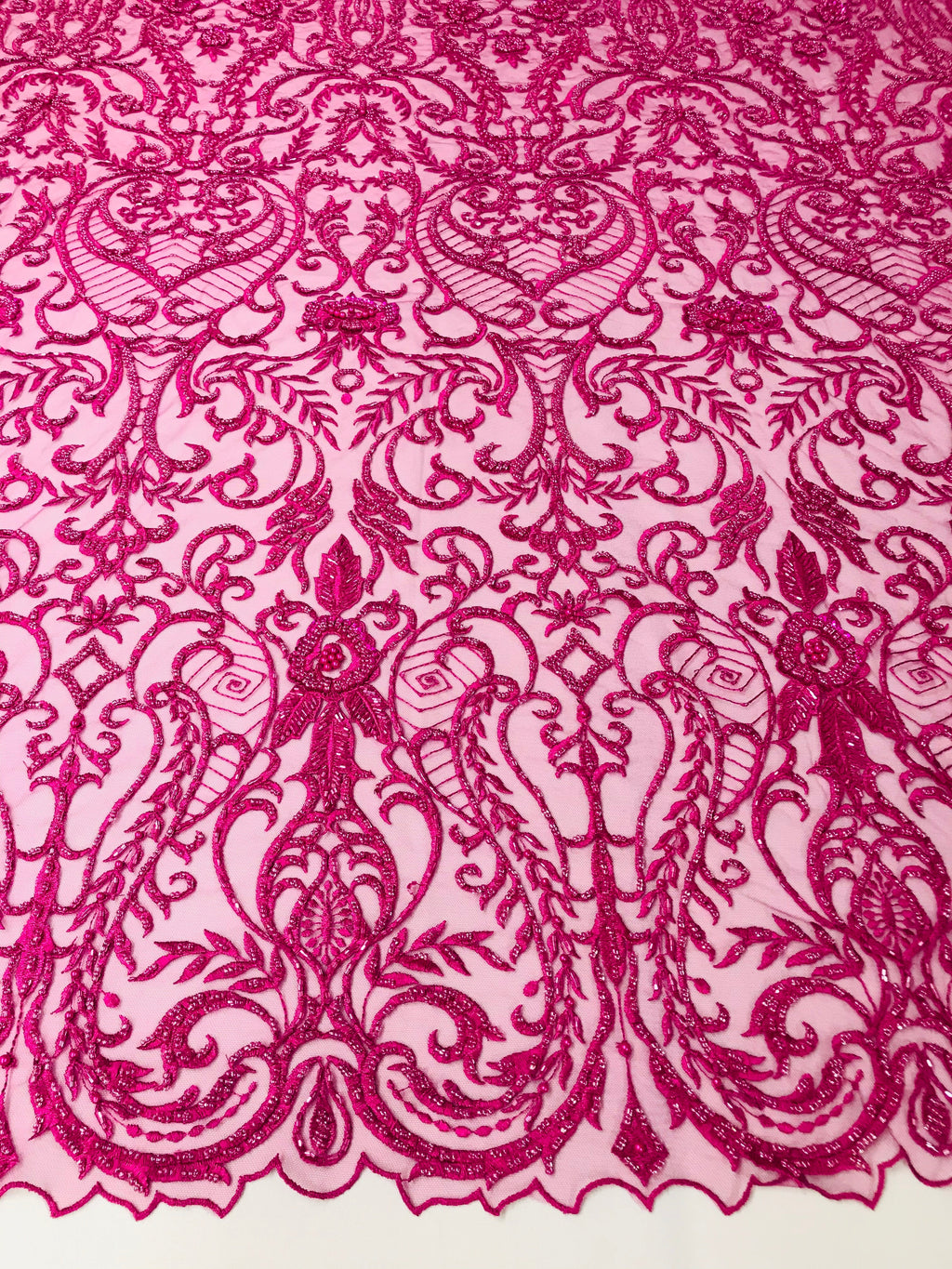 Glam Damask Beaded Fabric - Fuschia - Embroidered Elegant Fashion Fabric with Beads on Mesh