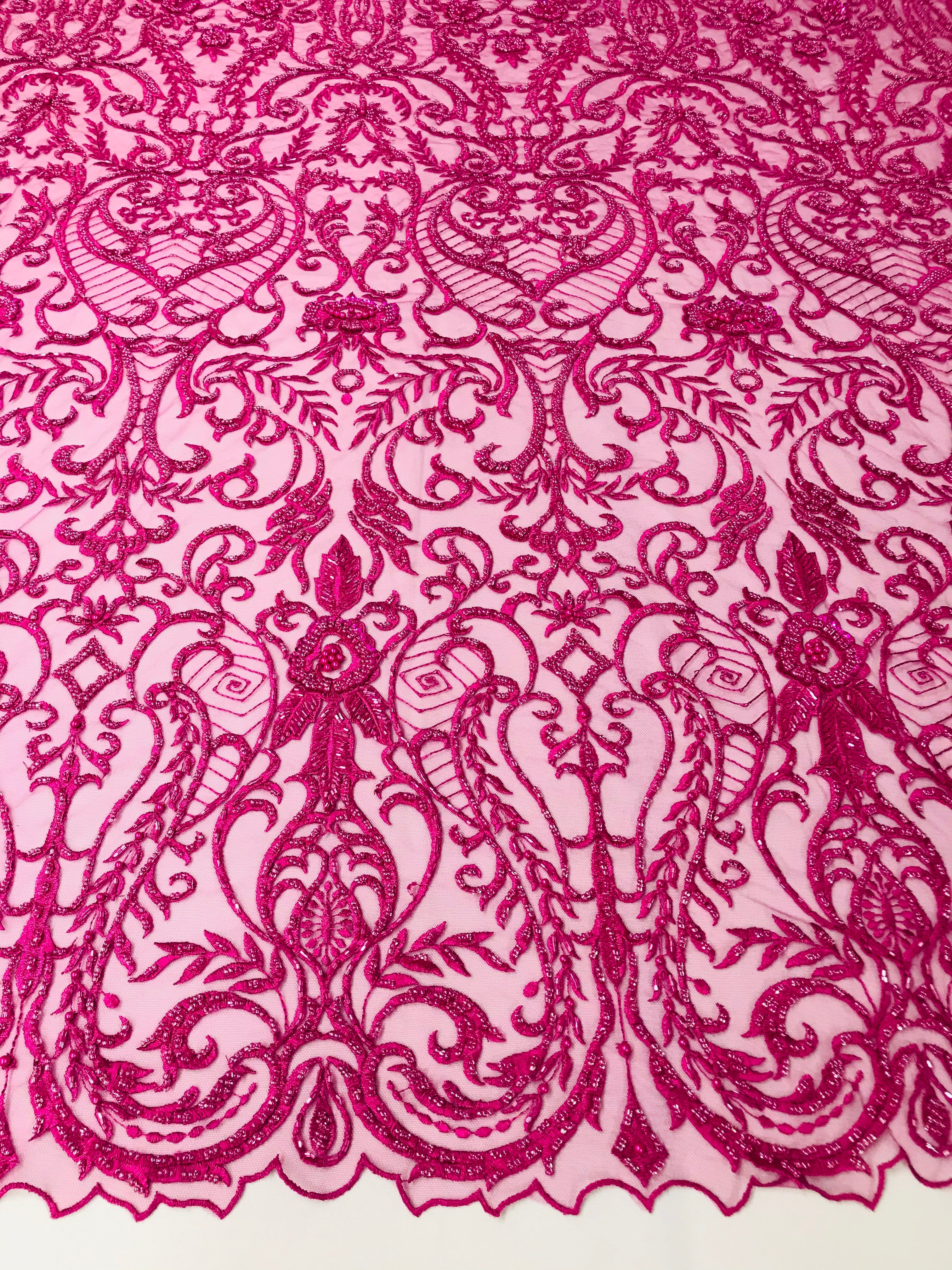 Glam Damask Beaded Fabric - Fuschia - Embroidered Elegant Fashion Fabric with Beads on Mesh