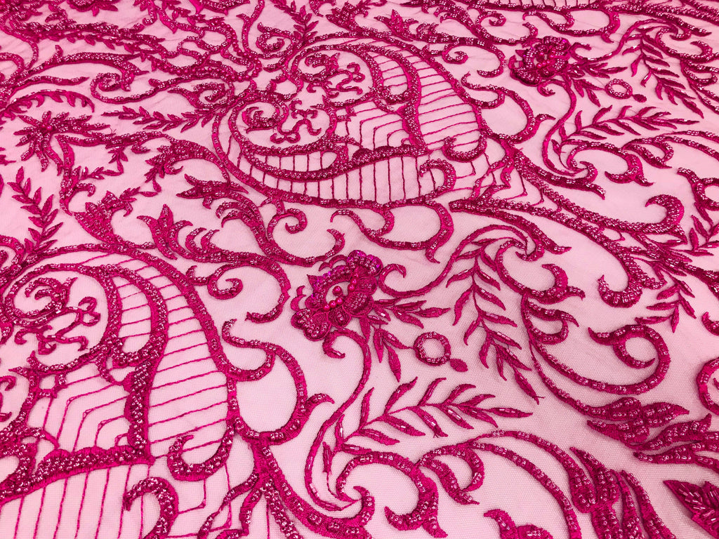 Glam Damask Beaded Fabric - Fuschia - Embroidered Elegant Fashion Fabric with Beads on Mesh