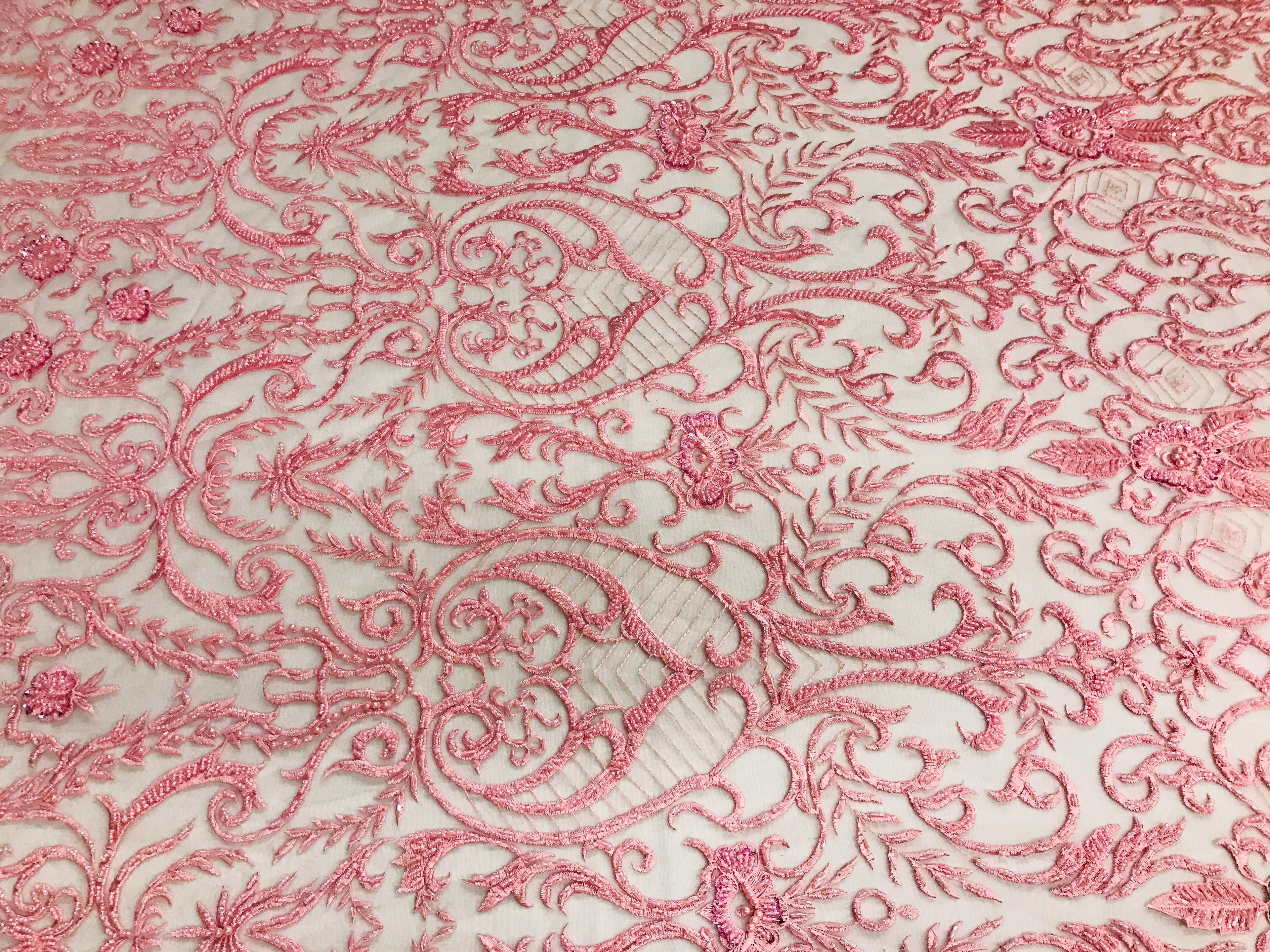 Glam Damask Beaded Fabric - Dusty Rose - Embroidered Elegant Fashion Fabric with Beads on Mesh