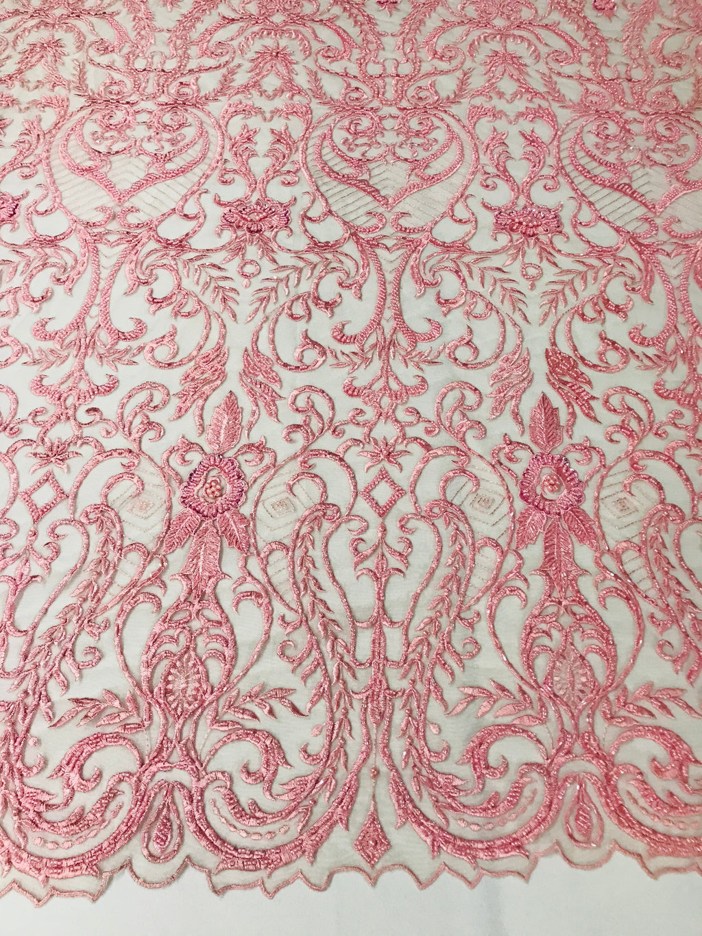 Glam Damask Beaded Fabric - Dusty Rose - Embroidered Elegant Fashion Fabric with Beads on Mesh