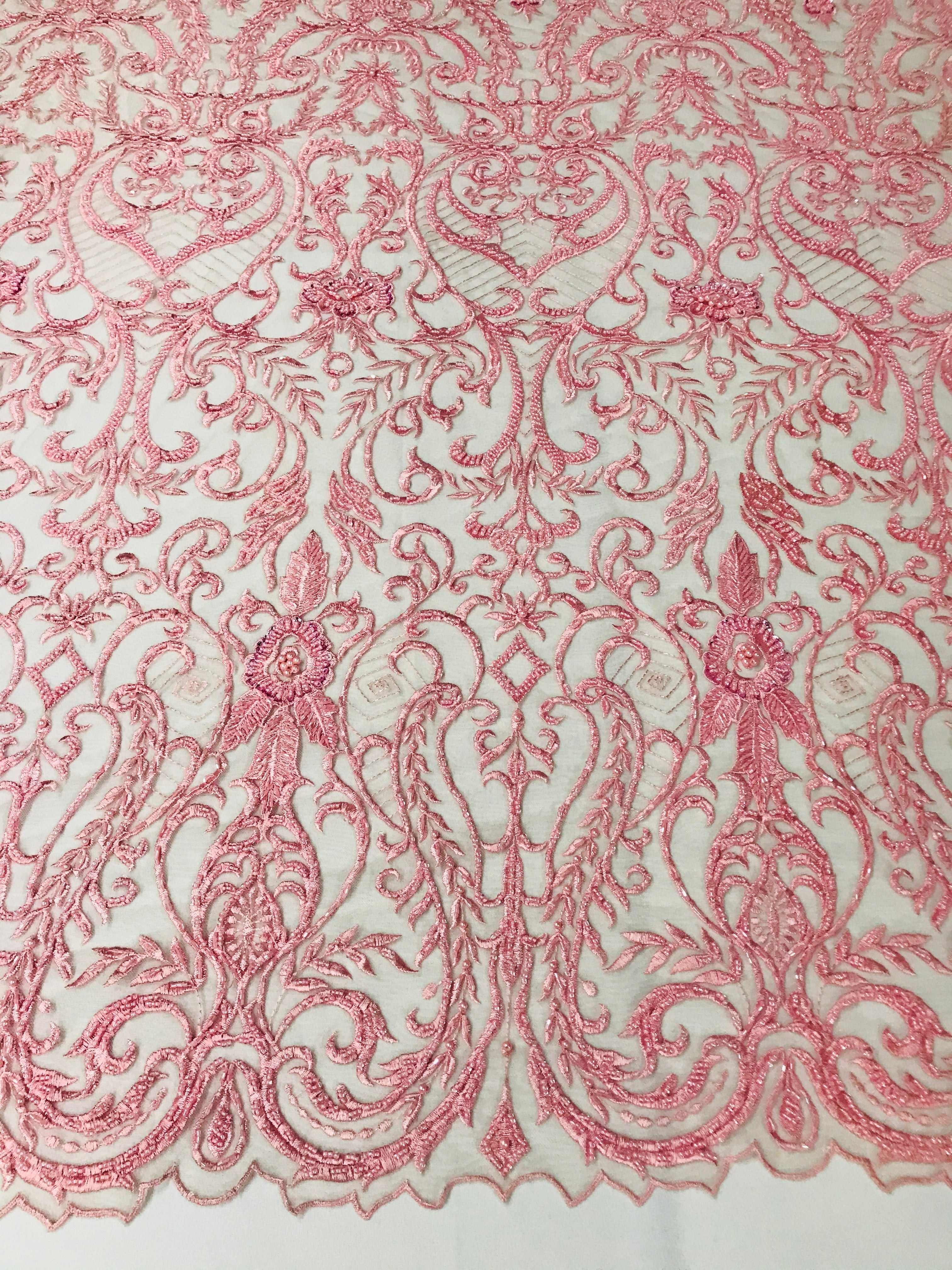 Glam Damask Beaded Fabric - Dusty Rose - Embroidered Elegant Fashion Fabric with Beads on Mesh