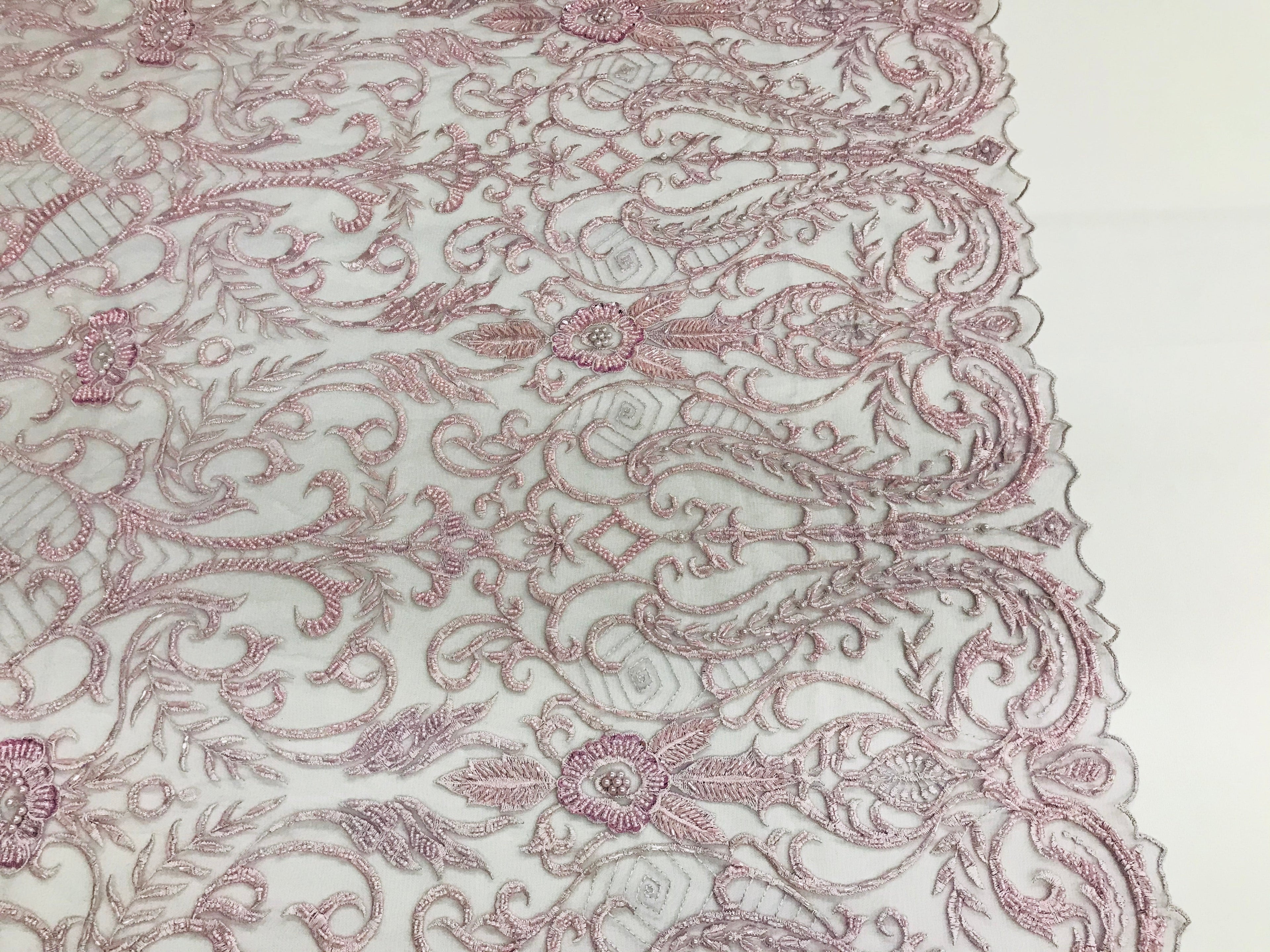Glam Damask Beaded Fabric - Light Lilac - Embroidered Elegant Fashion Fabric with Beads on Mesh