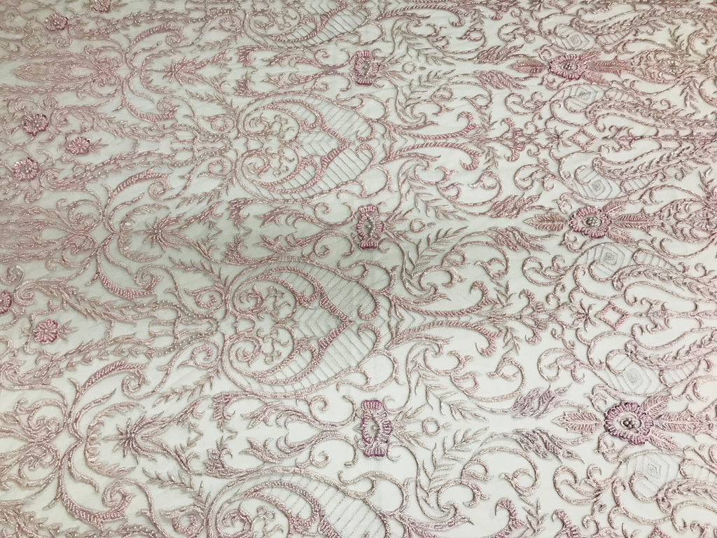 Glam Damask Beaded Fabric - Light Lilac - Embroidered Elegant Fashion Fabric with Beads on Mesh