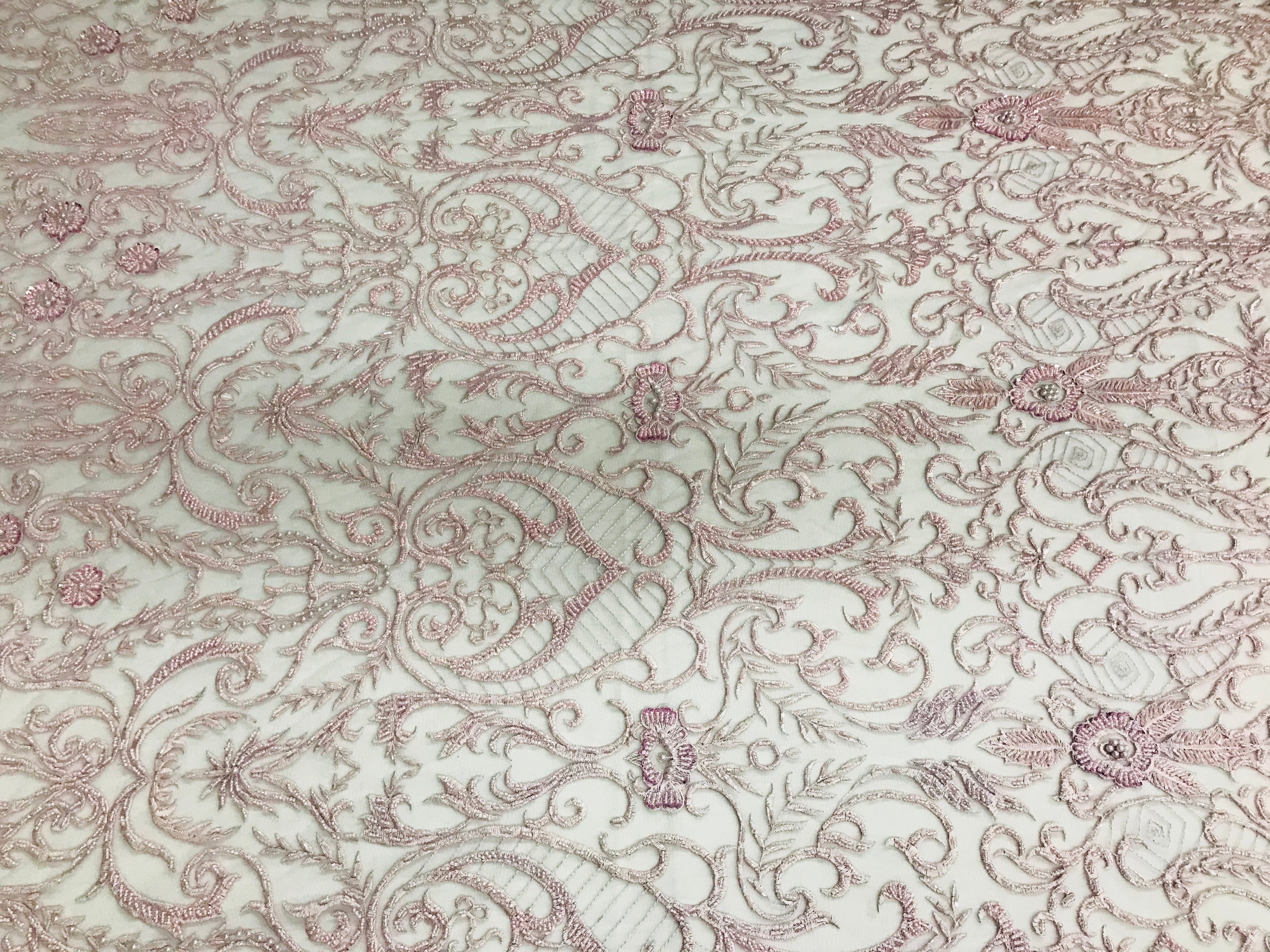 Glam Damask Beaded Fabric - Light Lilac - Embroidered Elegant Fashion Fabric with Beads on Mesh