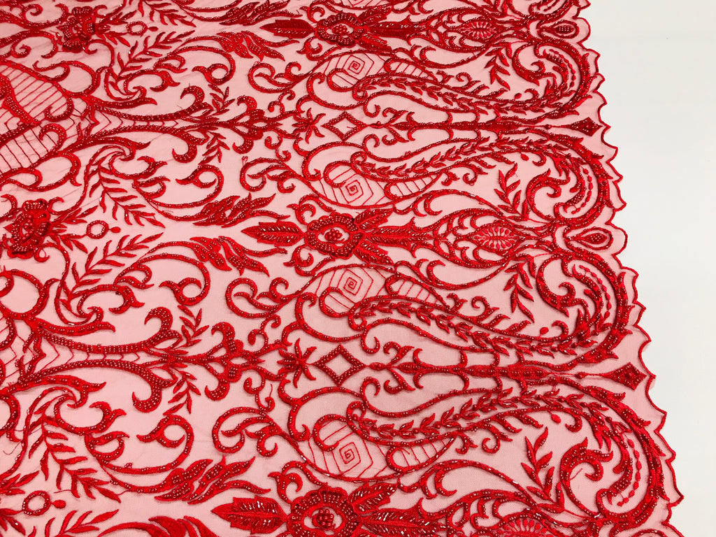 Glam Damask Beaded Fabric - Red - Embroidered Elegant Fashion Fabric with Beads on Mesh