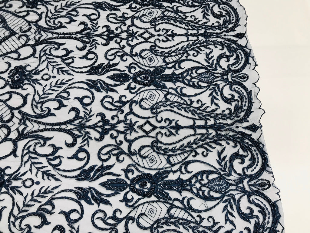 Glam Damask Beaded Fabric - Navy Blue - Embroidered Elegant Fashion Fabric with Beads on Mesh